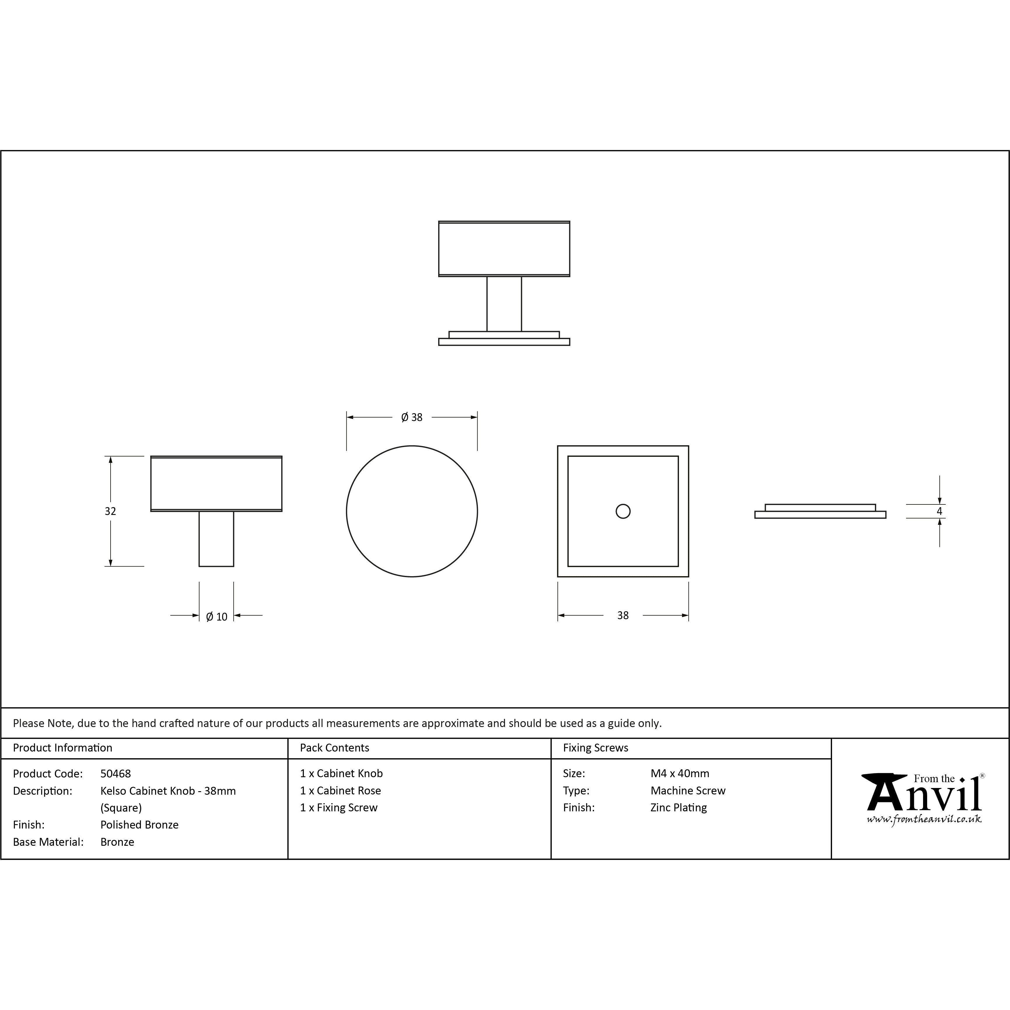 Polished Bronze Kelso Cabinet Knob - 38mm (Square) | From The Anvil-Cabinet Knobs-Yester Home