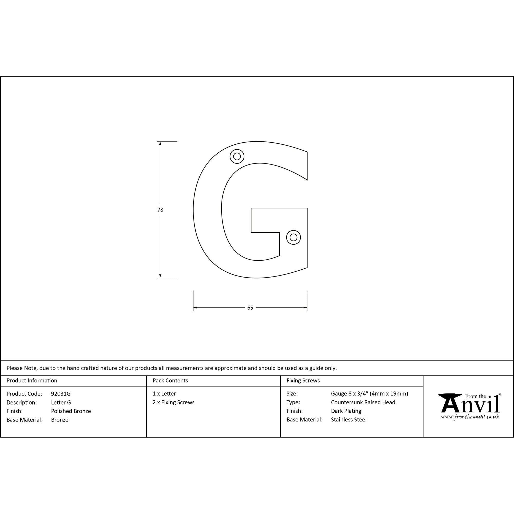 Polished Bronze Letter G | From The Anvil - Letters - From The Anvil - Yester Home