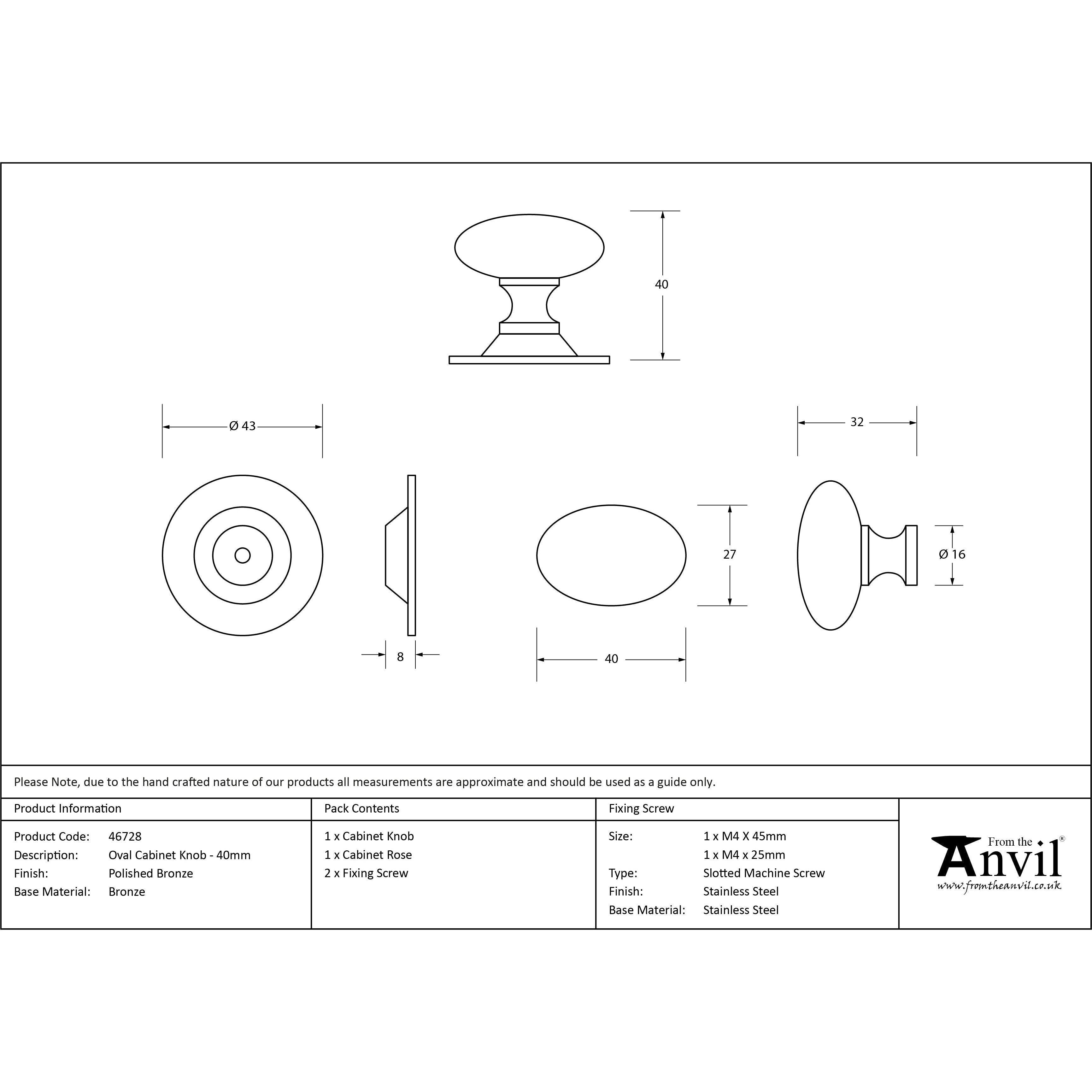 Polished Bronze Oval Cabinet Knob 40mm | From The Anvil-Cabinet Knobs-Yester Home