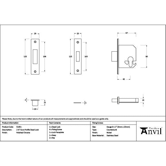 Polished Chrome 2½" Euro Profile Dead Lock - Deadlocks & Deadbolts - From The Anvil - Yester Home