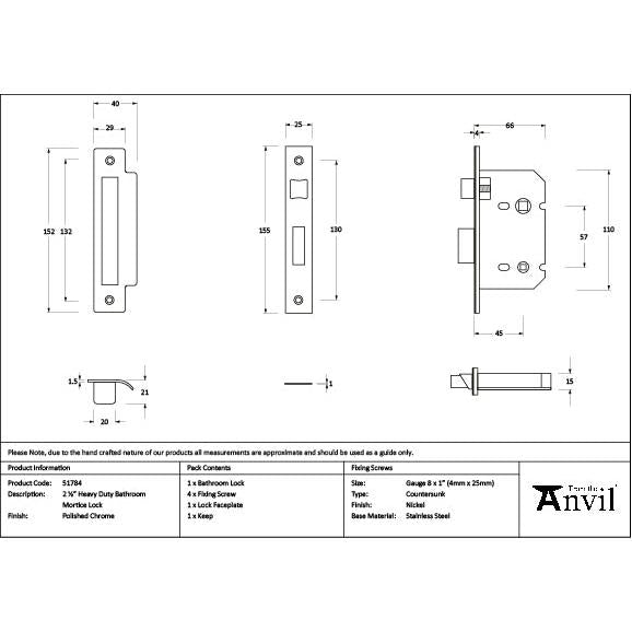Polished Chrome 2½" Heavy Duty Bathroom Mortice Lock - Bathroom Locks - From The Anvil - Yester Home