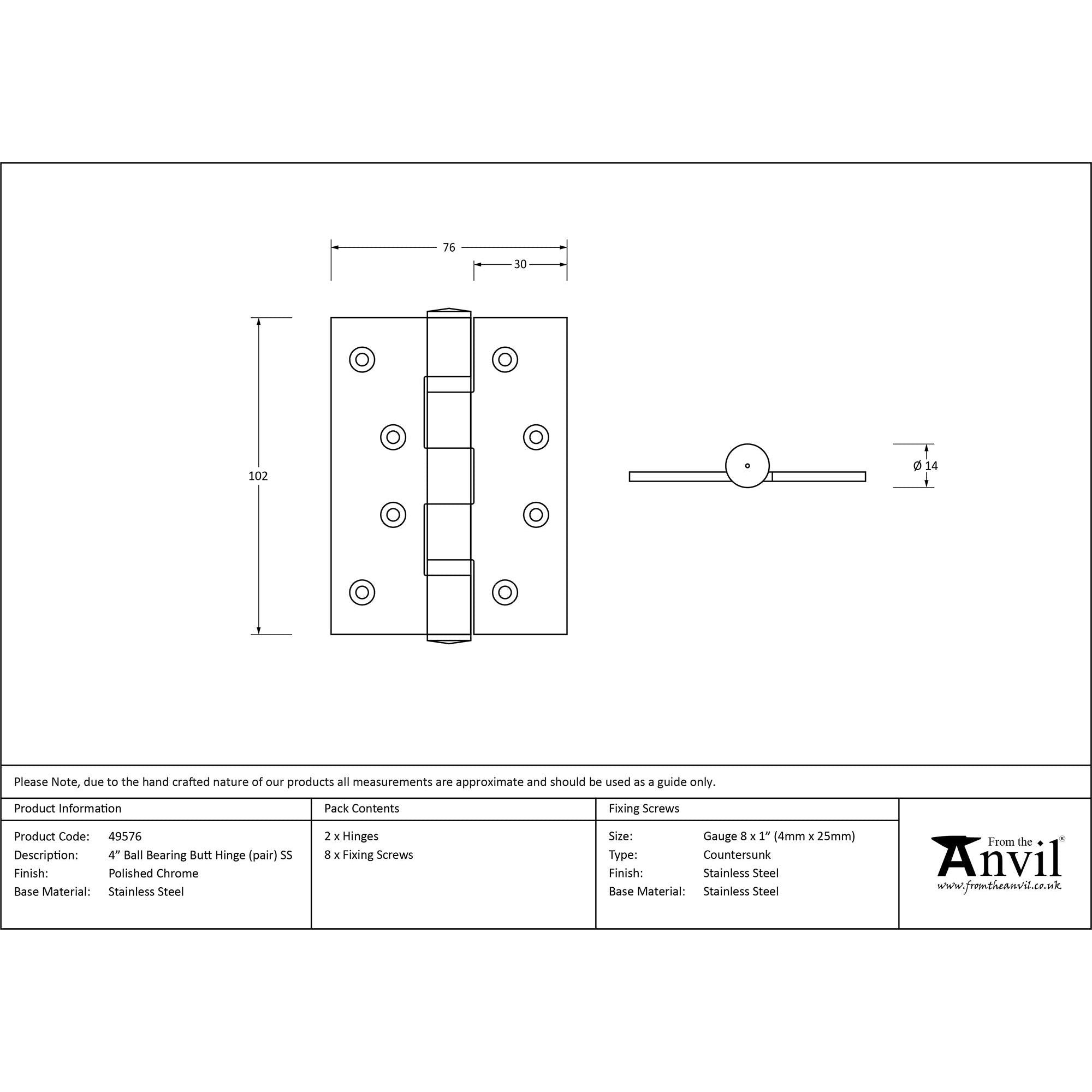 Polished Chrome 4" Ball Bearing Butt Hinge (pair) ss | From The Anvil - Butt Hinges - From The Anvil - Yester Home