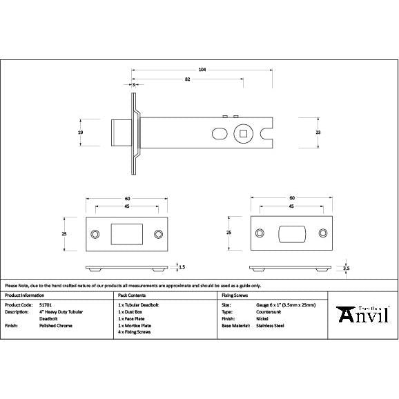 Polished Chrome 4" Heavy Duty Tubular Deadbolt - Deadlocks & Deadbolts - From The Anvil - Yester Home