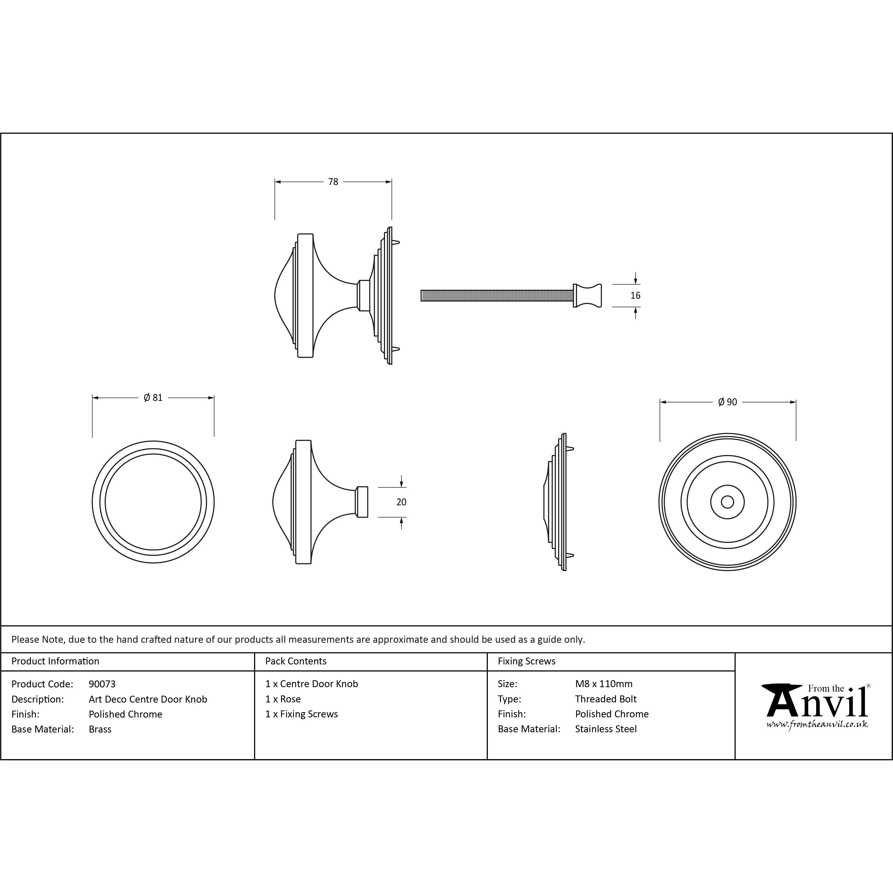 Polished Chrome Art Deco Centre Door Knob | From The Anvil-Centre Door Knobs-Yester Home