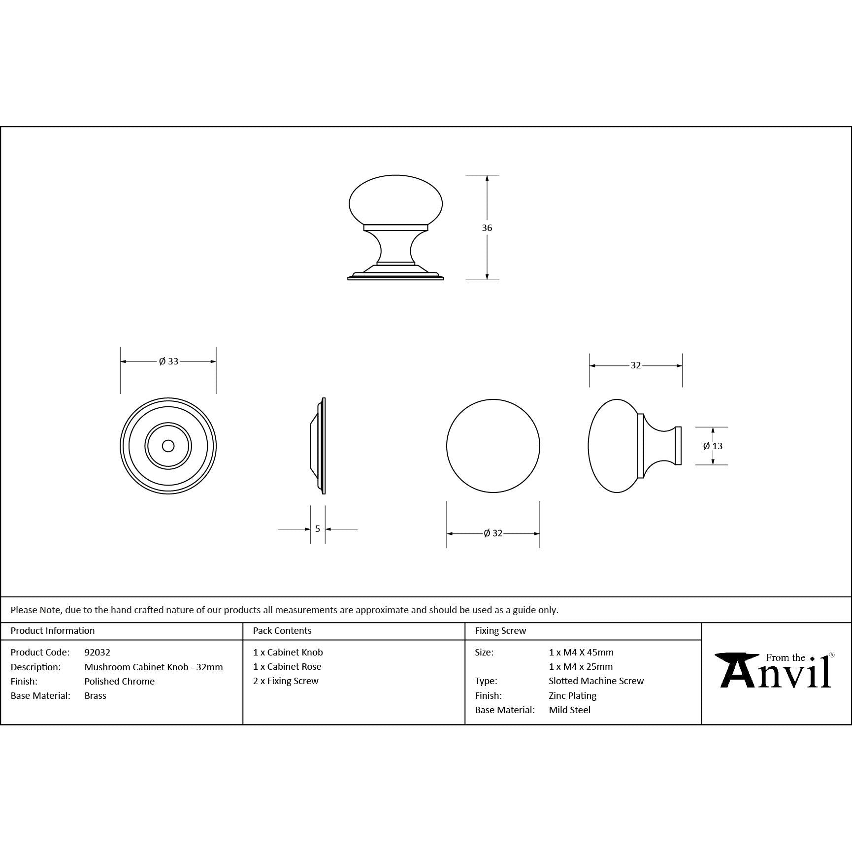 Polished Chrome Mushroom Cabinet Knob 32mm | From The Anvil - Cabinet Knobs - From The Anvil - Yester Home