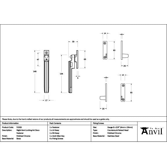 Polished Chrome Night-Vent Locking Art Deco Fastener - Night-Vent Fasteners - From The Anvil - Yester Home