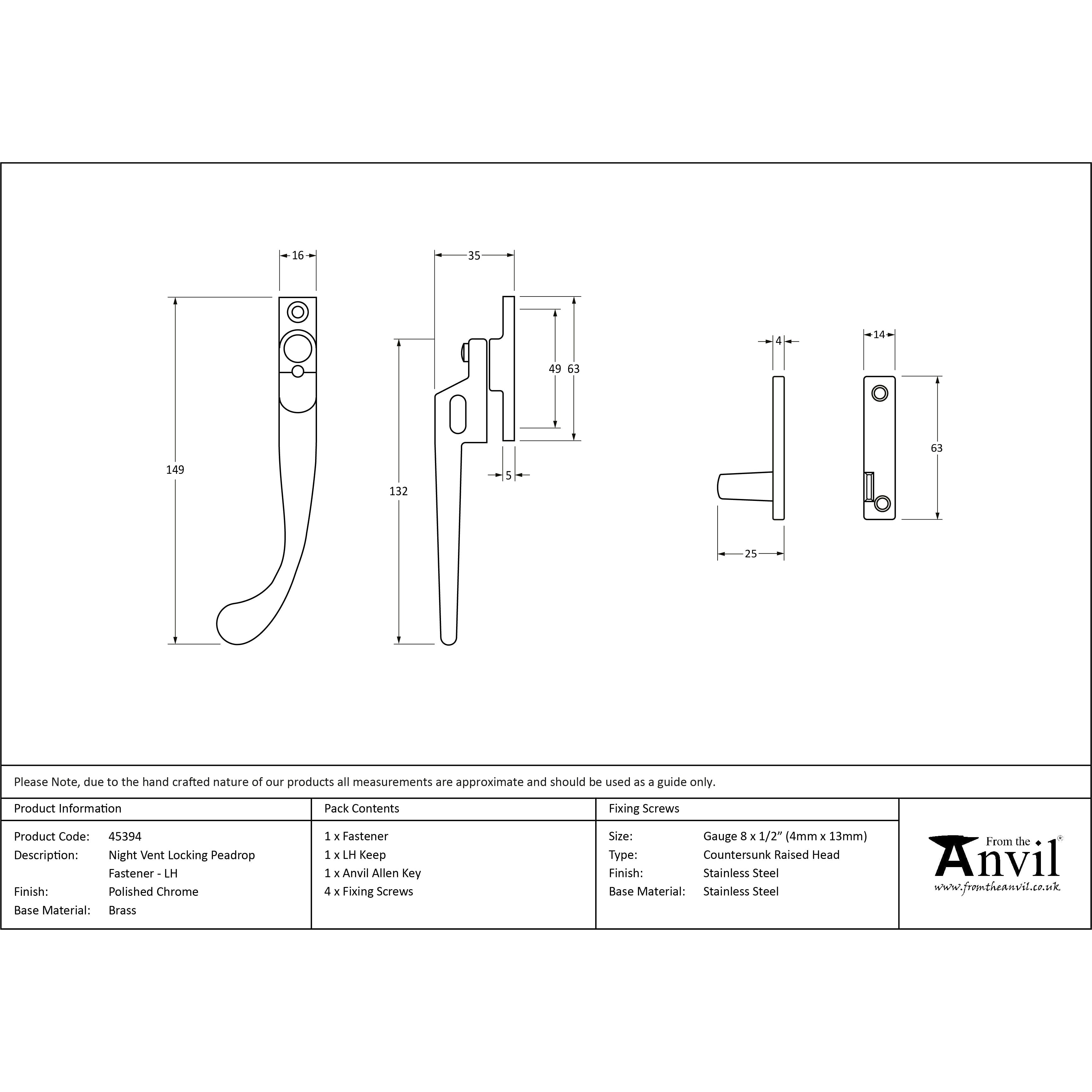 Polished Chrome Night-Vent Locking Peardrop Fastener - LH | From The Anvil-Night-Vent Fasteners-Yester Home
