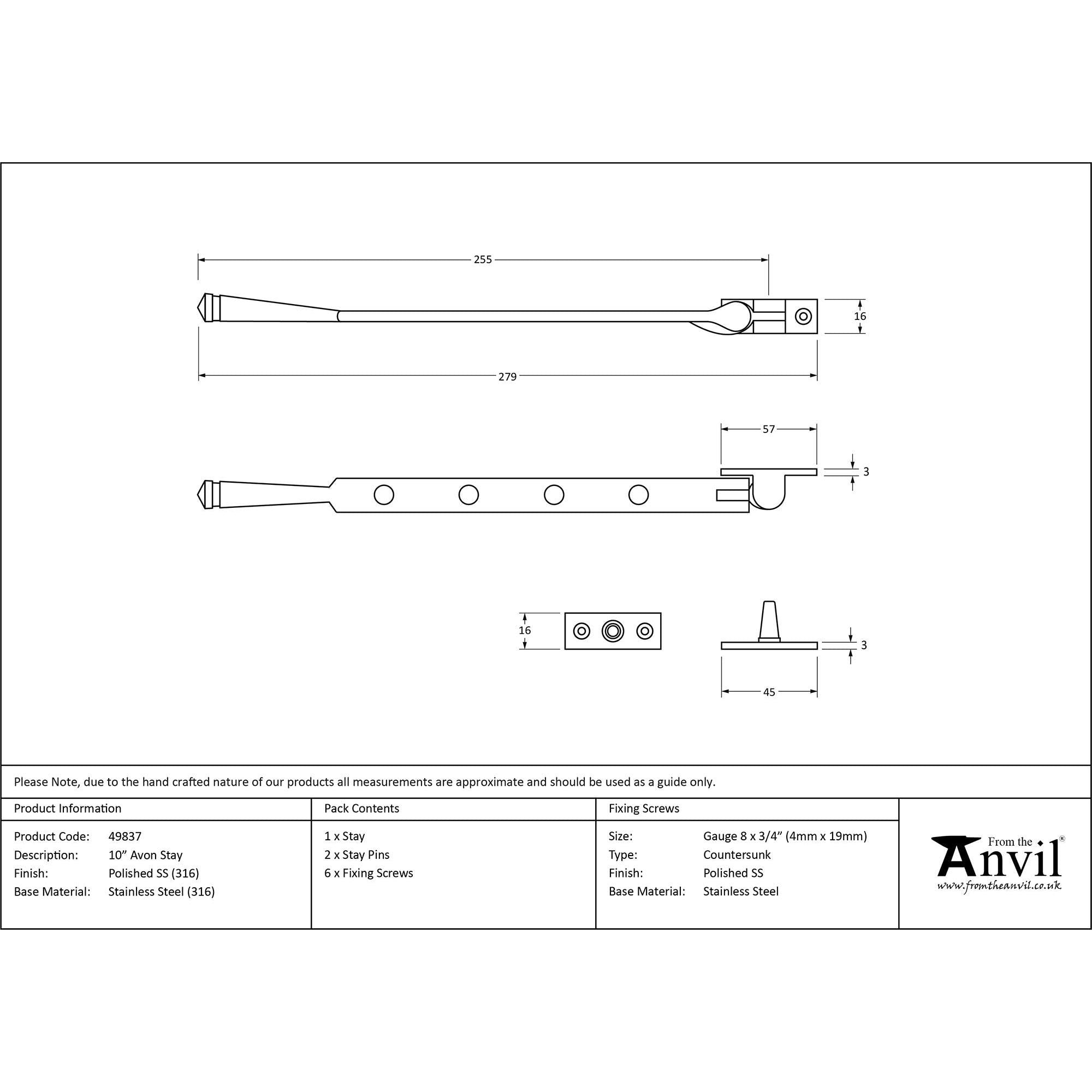 Polished Marine SS (316) 10" Avon Stay | From The Anvil - Stays - From The Anvil - Yester Home