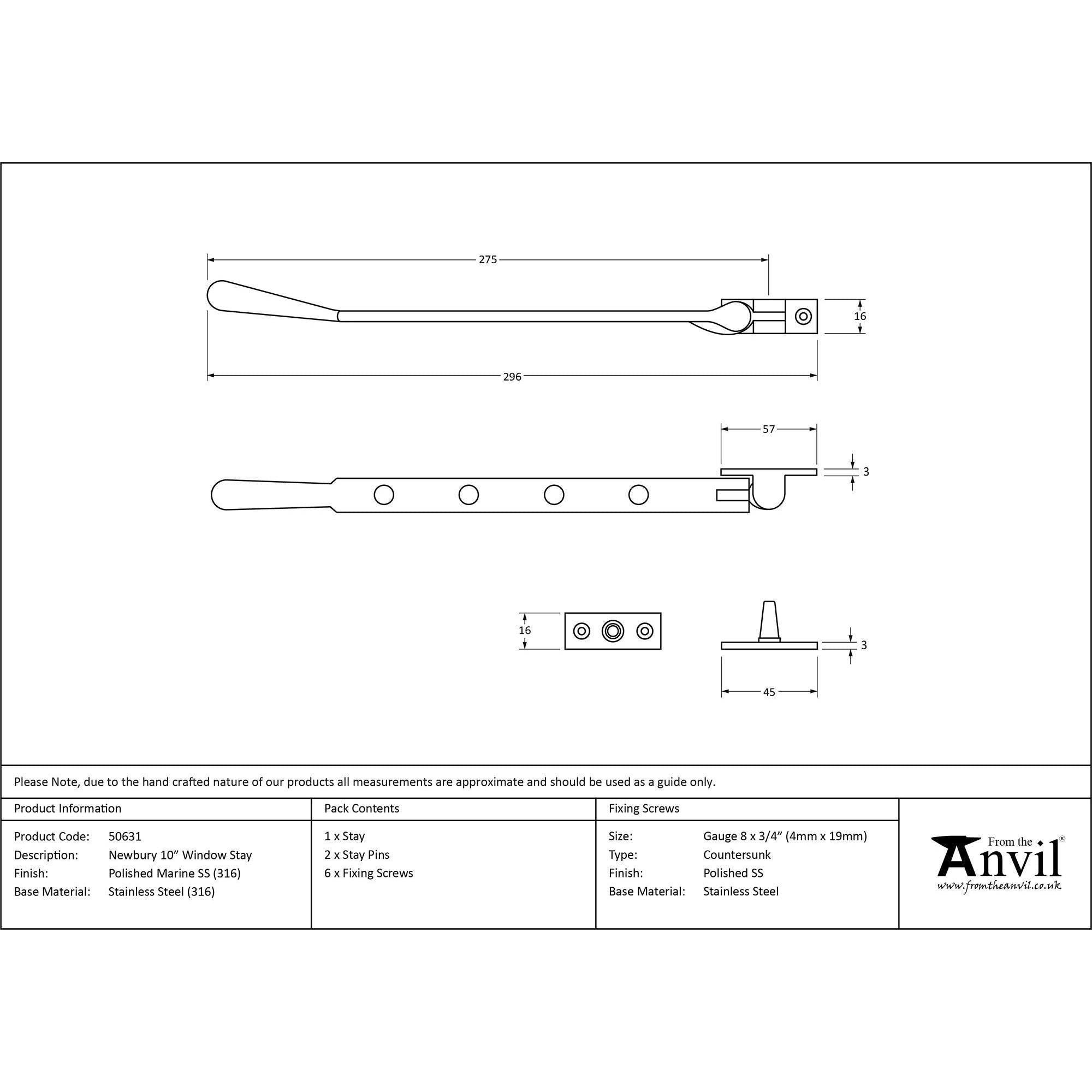 Polished Marine SS (316) 10" Newbury Stay | From The Anvil - Stays - From The Anvil - Yester Home