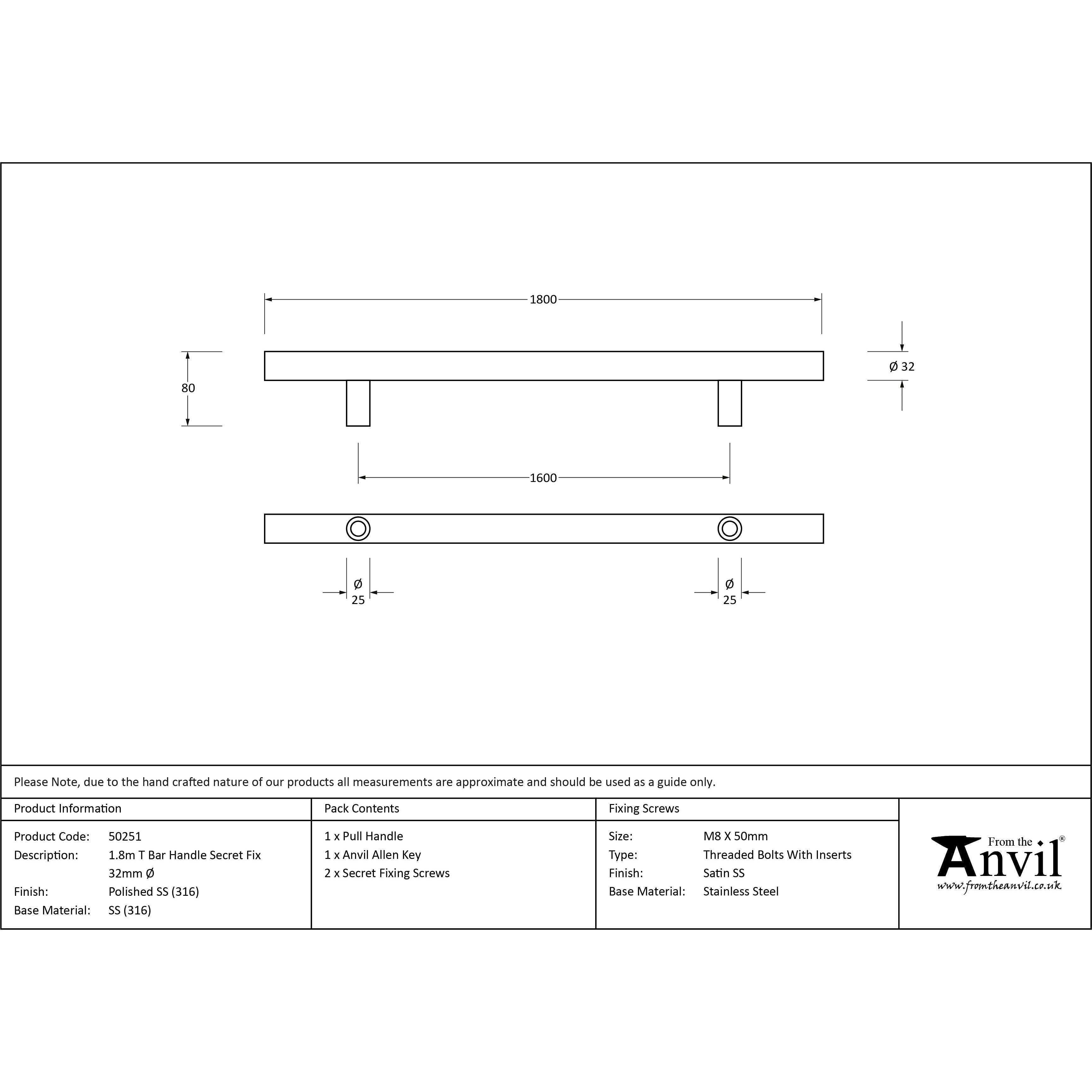 Polished Marine SS (316) 1.8m T Bar Handle Secret Fix 32mm Ø | From The Anvil-Pull Handles-Yester Home