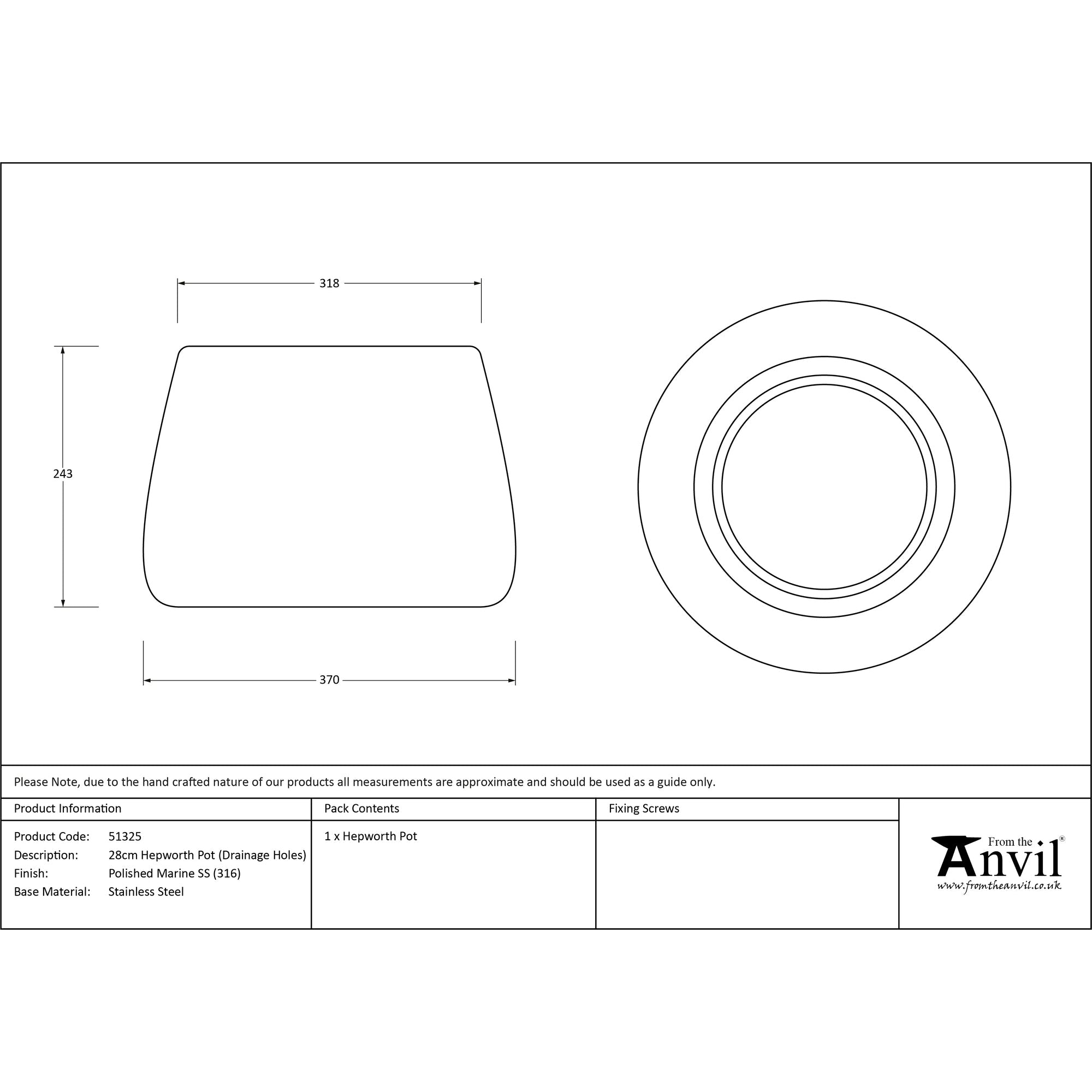 Polished Marine SS (316) 28cm Hepworth Pot (Drainage holes) | From The Anvil-Plant Pots-Yester Home