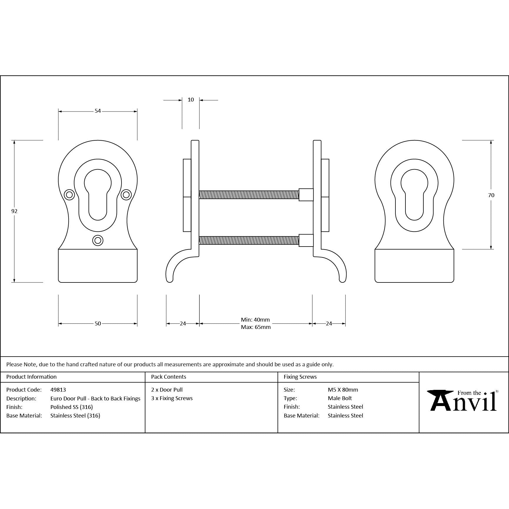 Polished Marine SS (316) 50mm Euro Door Pull (Back to Back fixings) | From The Anvil - Euro Pulls - From The Anvil - Yester Home