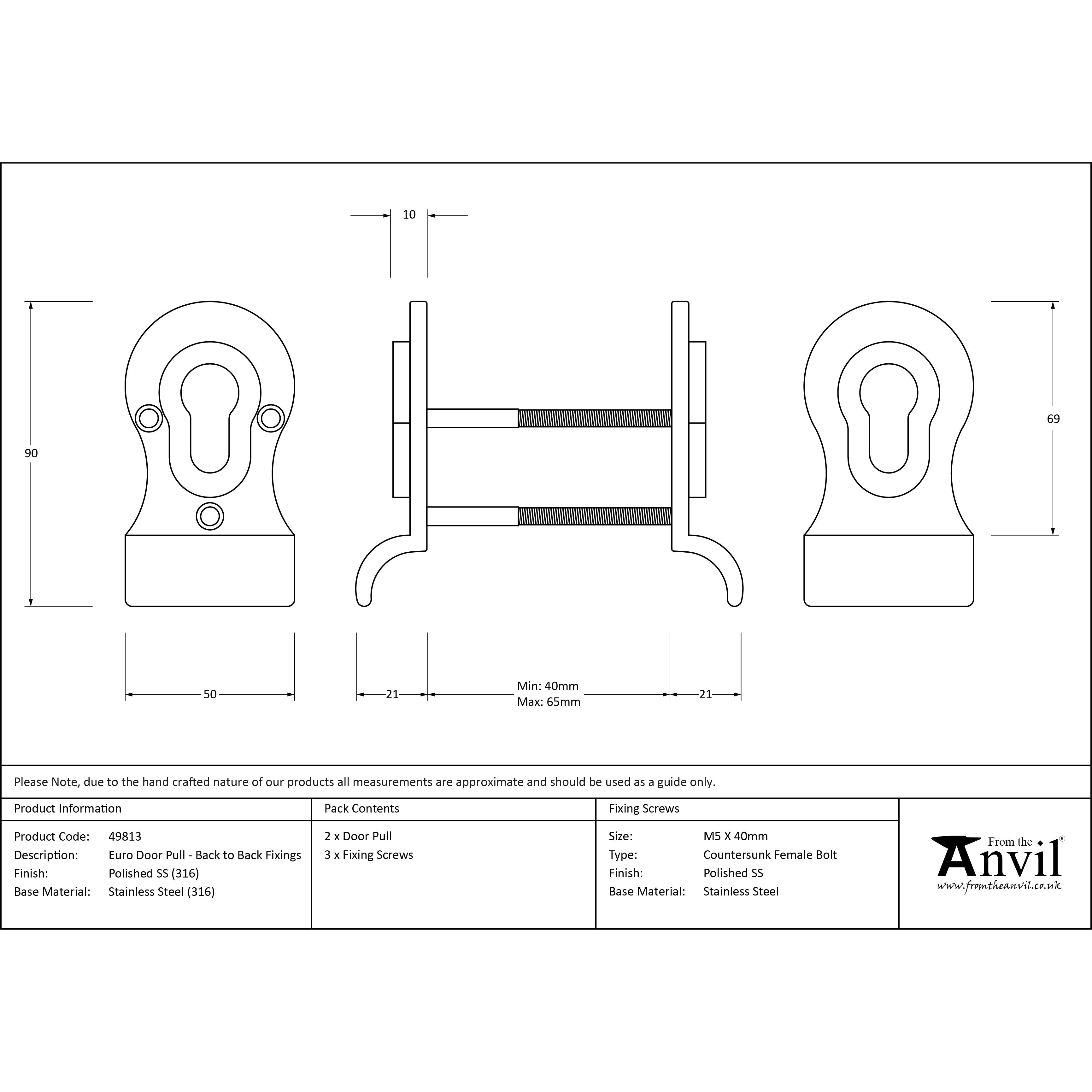Polished Marine SS (316) 50mm Euro Door Pull (Back to Back fixings) | From The Anvil-Euro Pulls-Yester Home