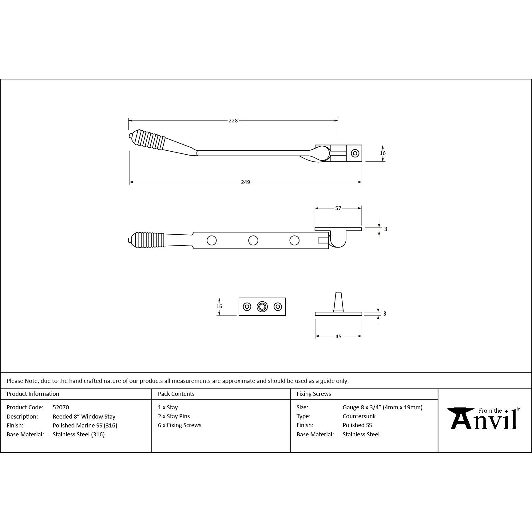 Polished Marine SS (316) 8" Reeded Stay - Stays - From The Anvil - Yester Home