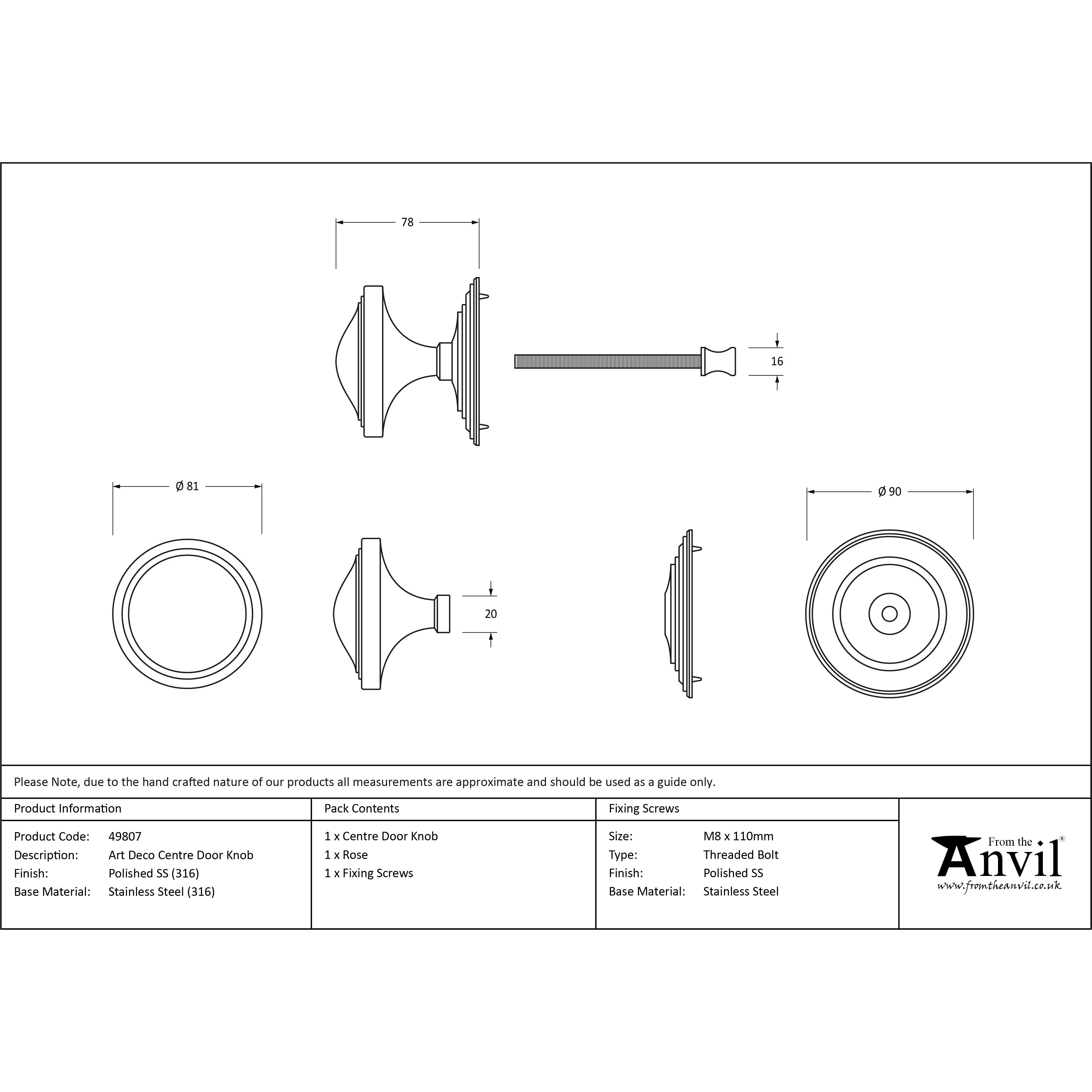 Polished Marine SS (316) Art Deco Centre Door Knob | From The Anvil-Centre Door Knobs-Yester Home