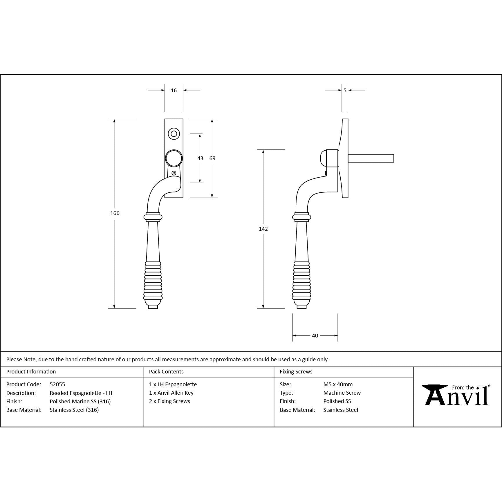 Polished Marine SS (316) Reeded Espag - LH - Espag. Fasteners - From The Anvil - Yester Home