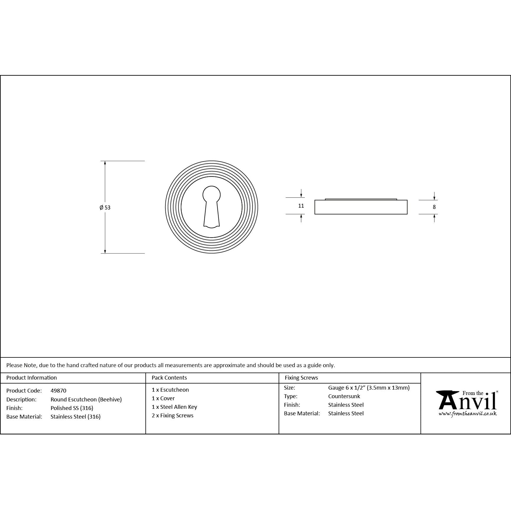 Polished Marine SS (316) Round Escutcheon (Beehive) | From The Anvil - Escutcheons - From The Anvil - Yester Home