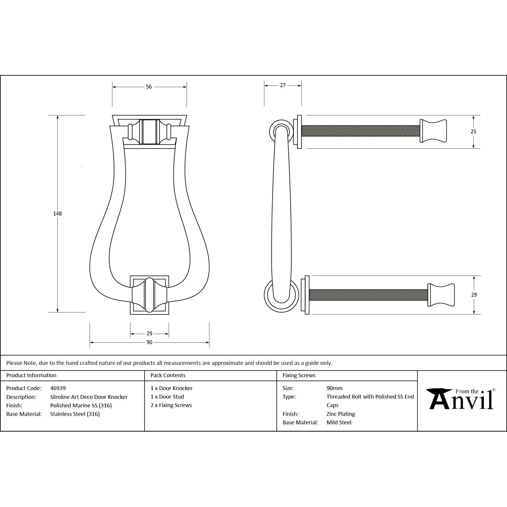 Polished Marine SS (316) Slimline Art Deco Door Knocker - Bolt-Through Door Knockers - From The Anvil - Yester Home