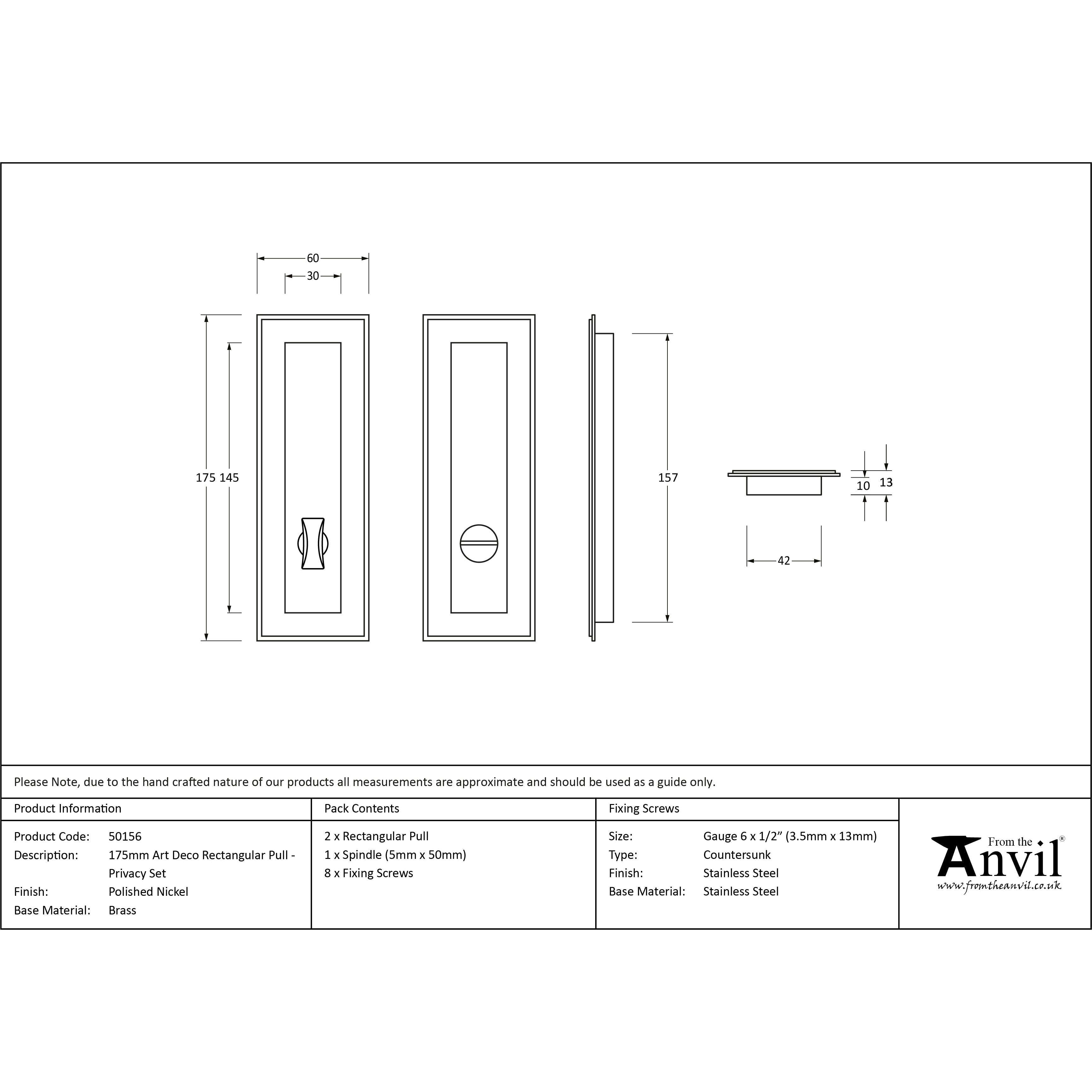 Polished Nickel 175mm Art Deco Rectangular Pull -Privacy Set | From The Anvil-Cabinet Pulls-Yester Home