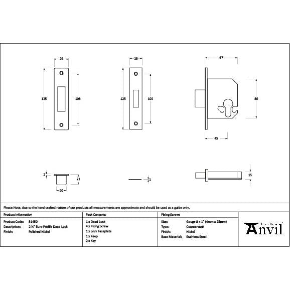 Polished Nickel 2½" Euro Profile Dead Lock - Deadlocks & Deadbolts - From The Anvil - Yester Home