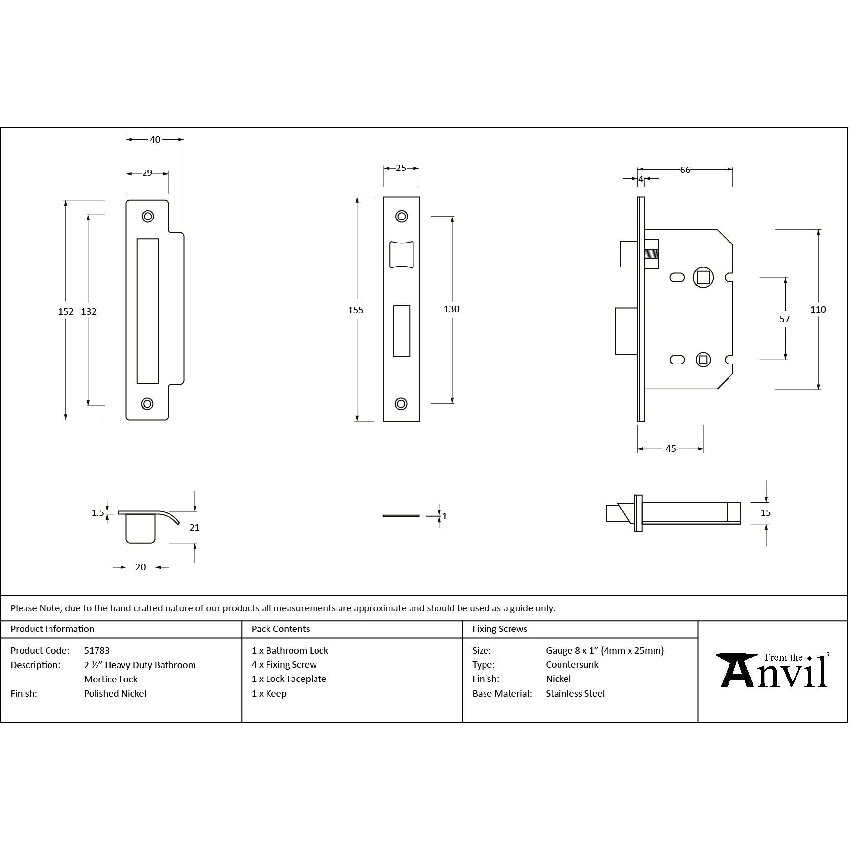 Polished Nickel 2½" Heavy Duty Bathroom Mortice Lock - Bathroom Locks - From The Anvil - Yester Home
