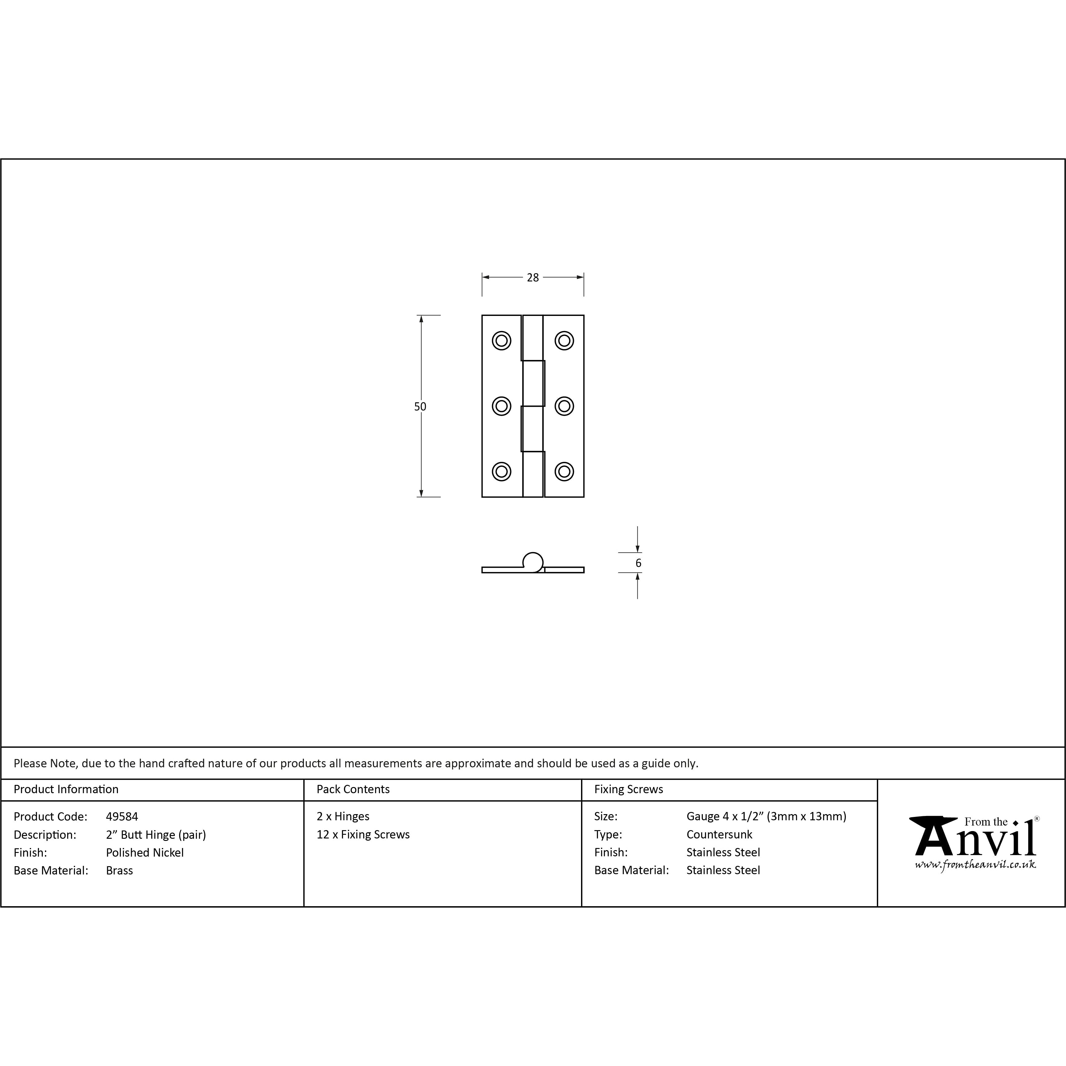 Polished Nickel 2" Butt Hinge (pair) | From The Anvil-Butt Hinges-Yester Home