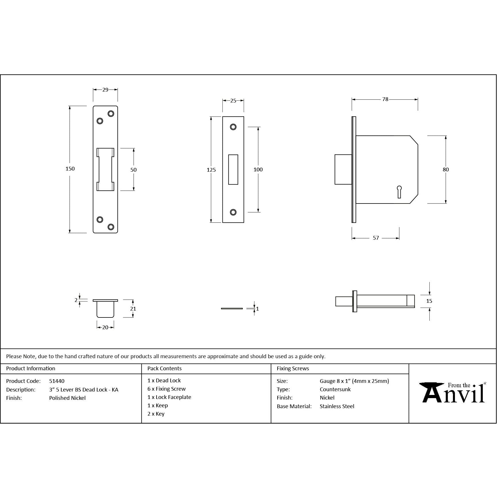 Polished Nickel 3" 5 Lever BS Dead Lock KA - Deadlocks & Deadbolts - From The Anvil - Yester Home
