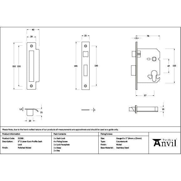 Polished Nickel 3" Euro Profile Sash Lock - Euro Locks - From The Anvil - Yester Home