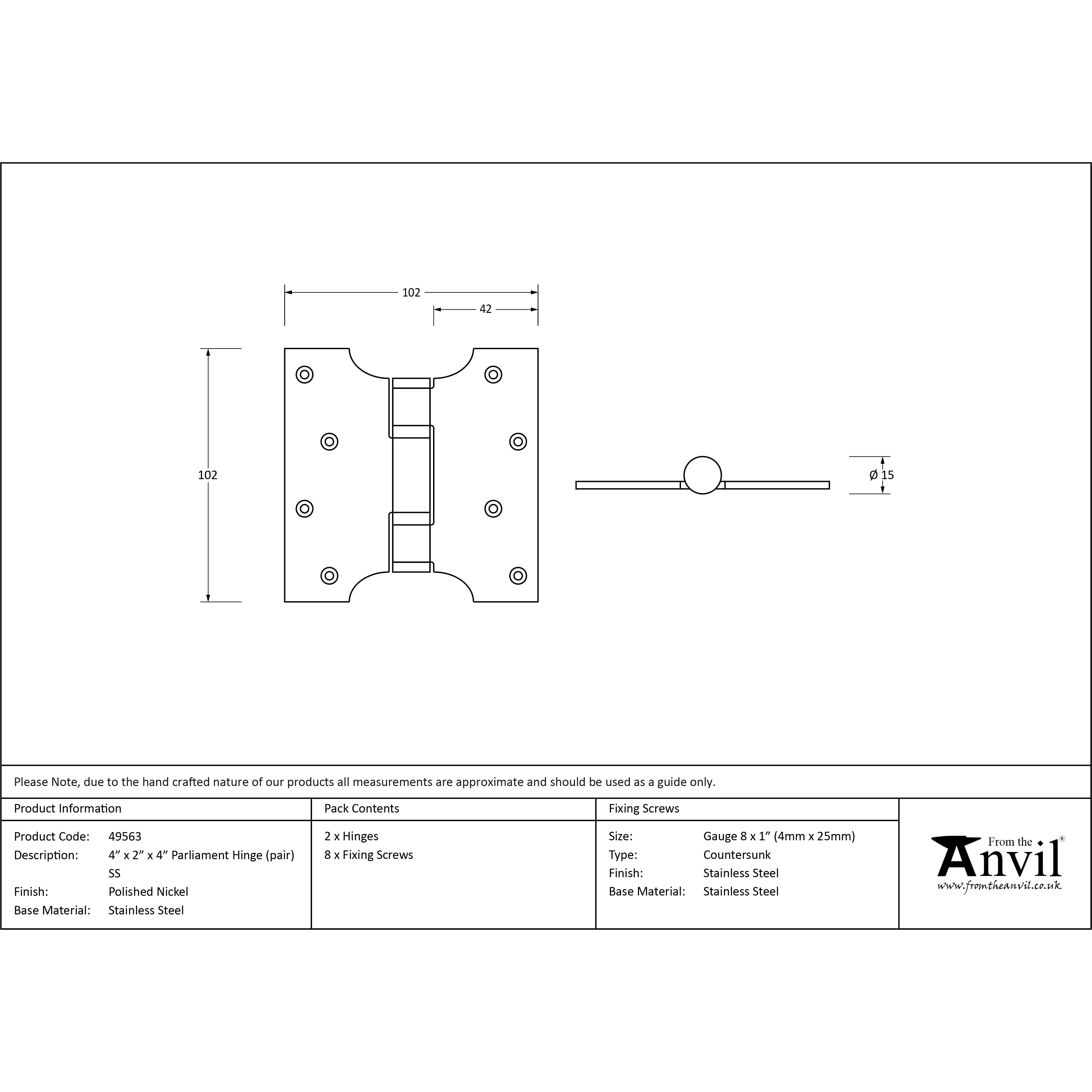 Polished Nickel 4" x 2" x 4" Parliament Hinge (pair) ss | From The Anvil-Parliament Hinges-Yester Home