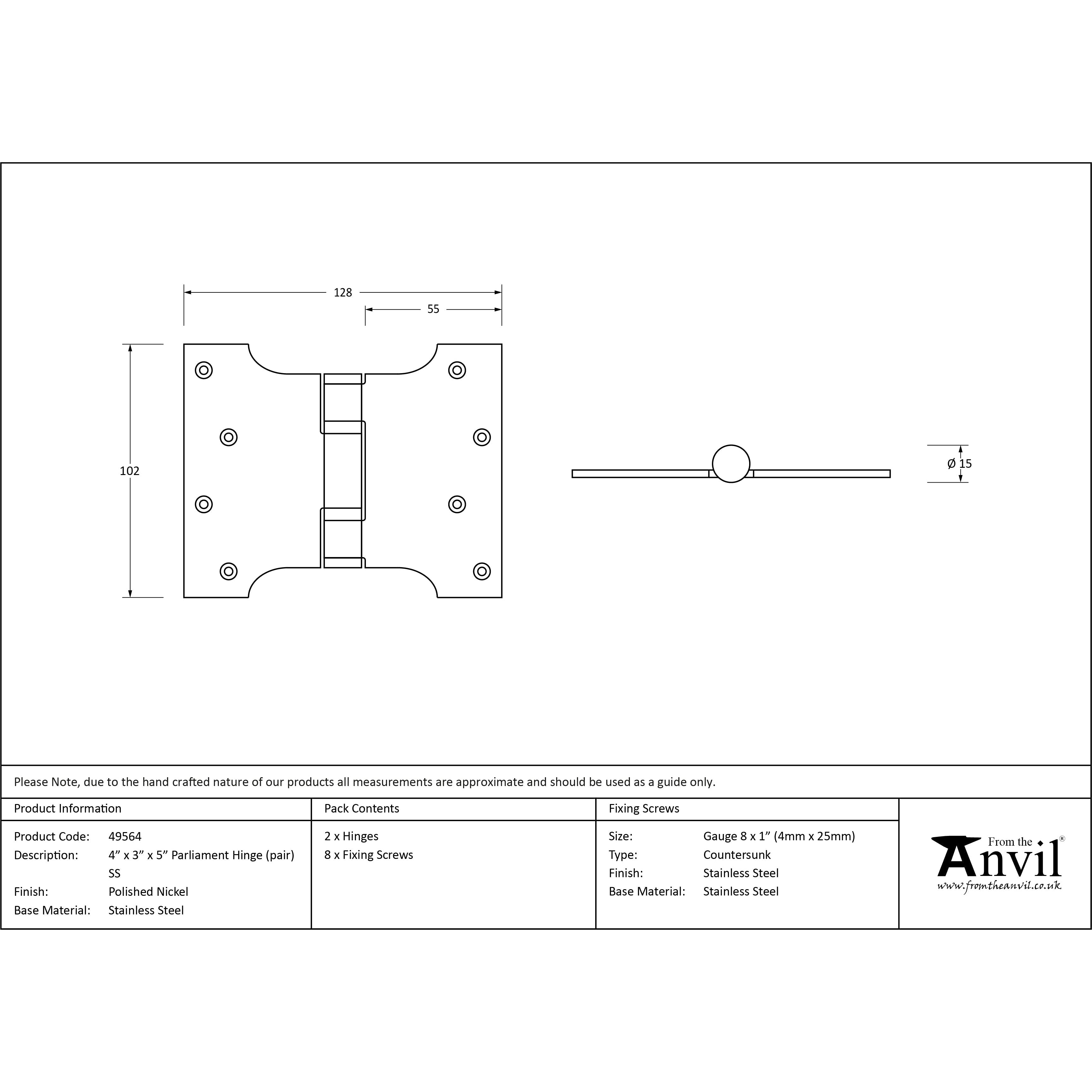 Polished Nickel 4" x 3" x 5" Parliament Hinge (pair) ss | From The Anvil-Parliament Hinges-Yester Home