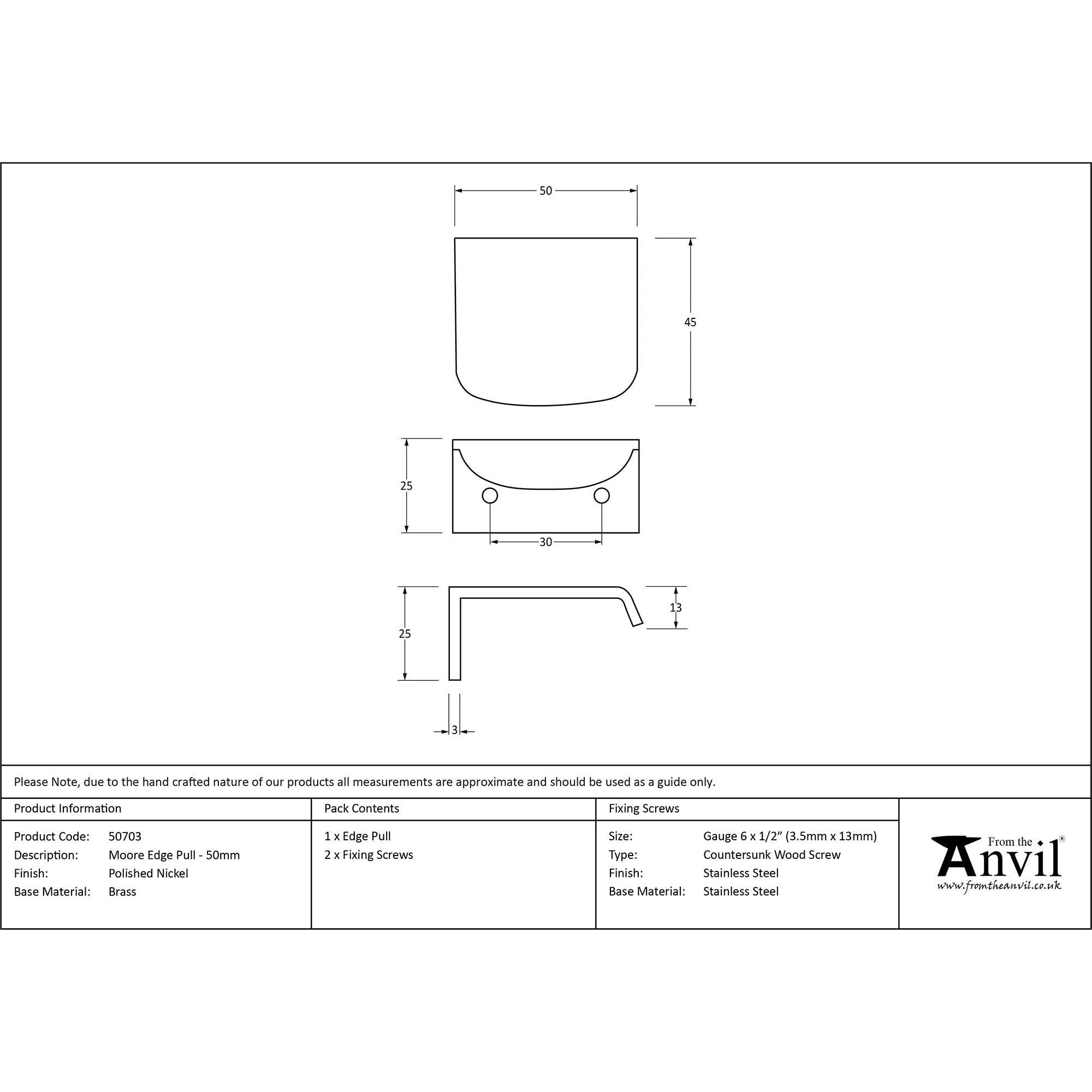 Polished Nickel 50mm Moore Edge Pull | From The Anvil - Cabinet Pulls - From The Anvil - Yester Home
