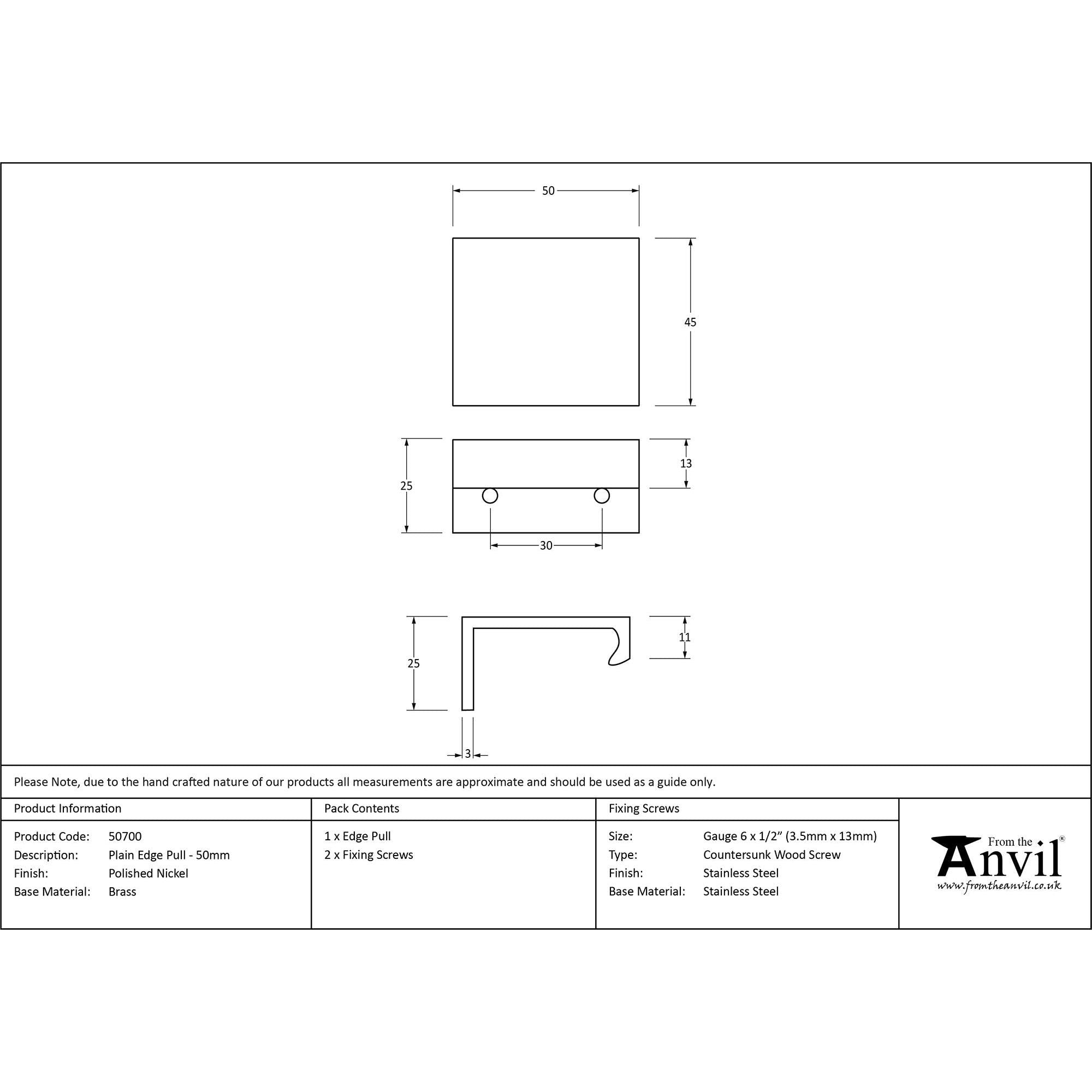 Polished Nickel 50mm Plain Edge Pull | From The Anvil - Cabinet Pulls - From The Anvil - Yester Home
