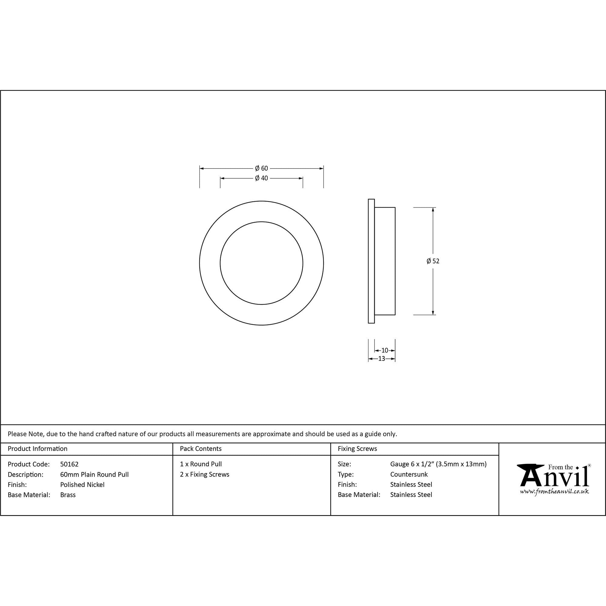 Polished Nickel 60mm Plain Round Pull | From The Anvil - Cabinet Pulls - From The Anvil - Yester Home