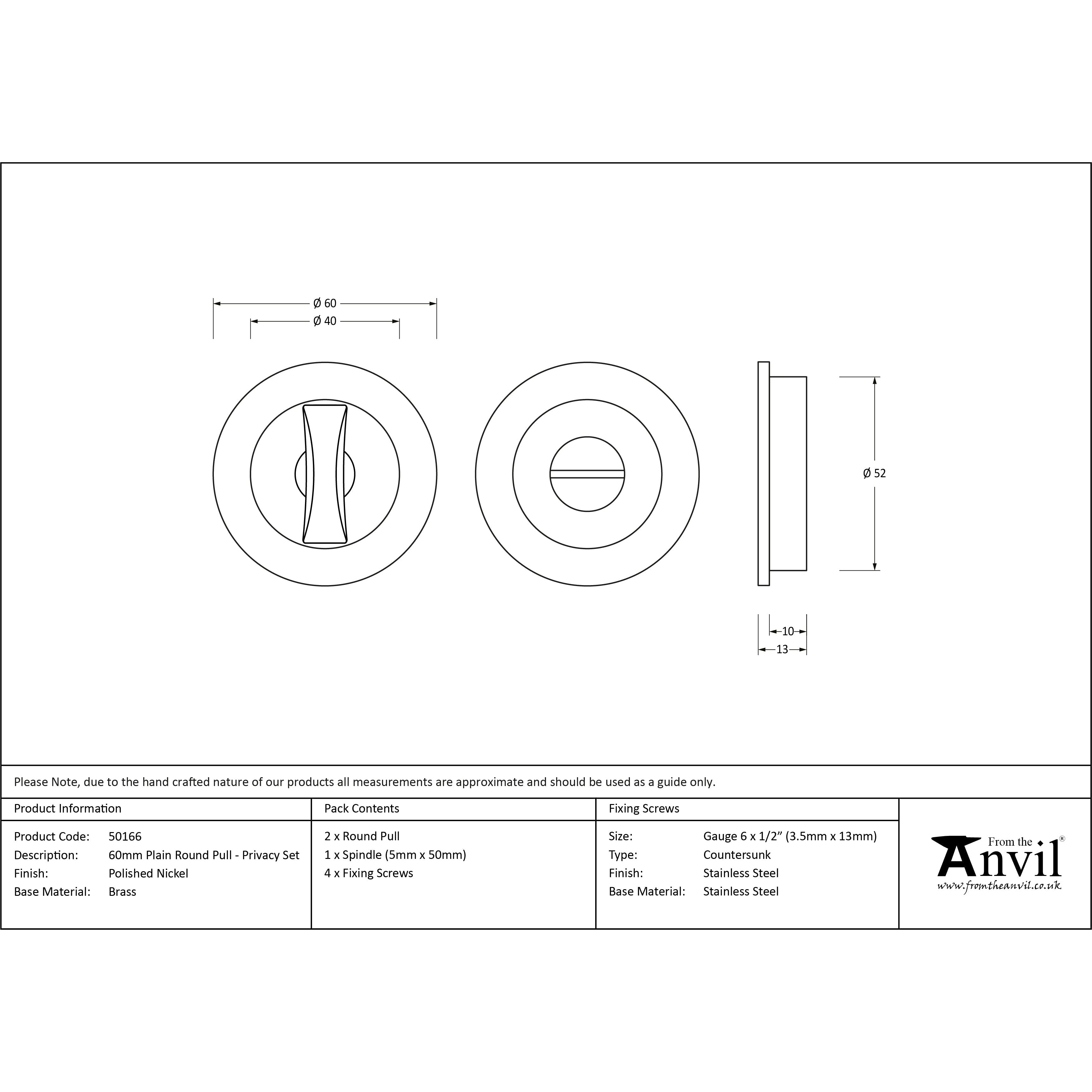 Polished Nickel 60mm Plain Round Pull - Privacy Set | From The Anvil-Cabinet Pulls-Yester Home