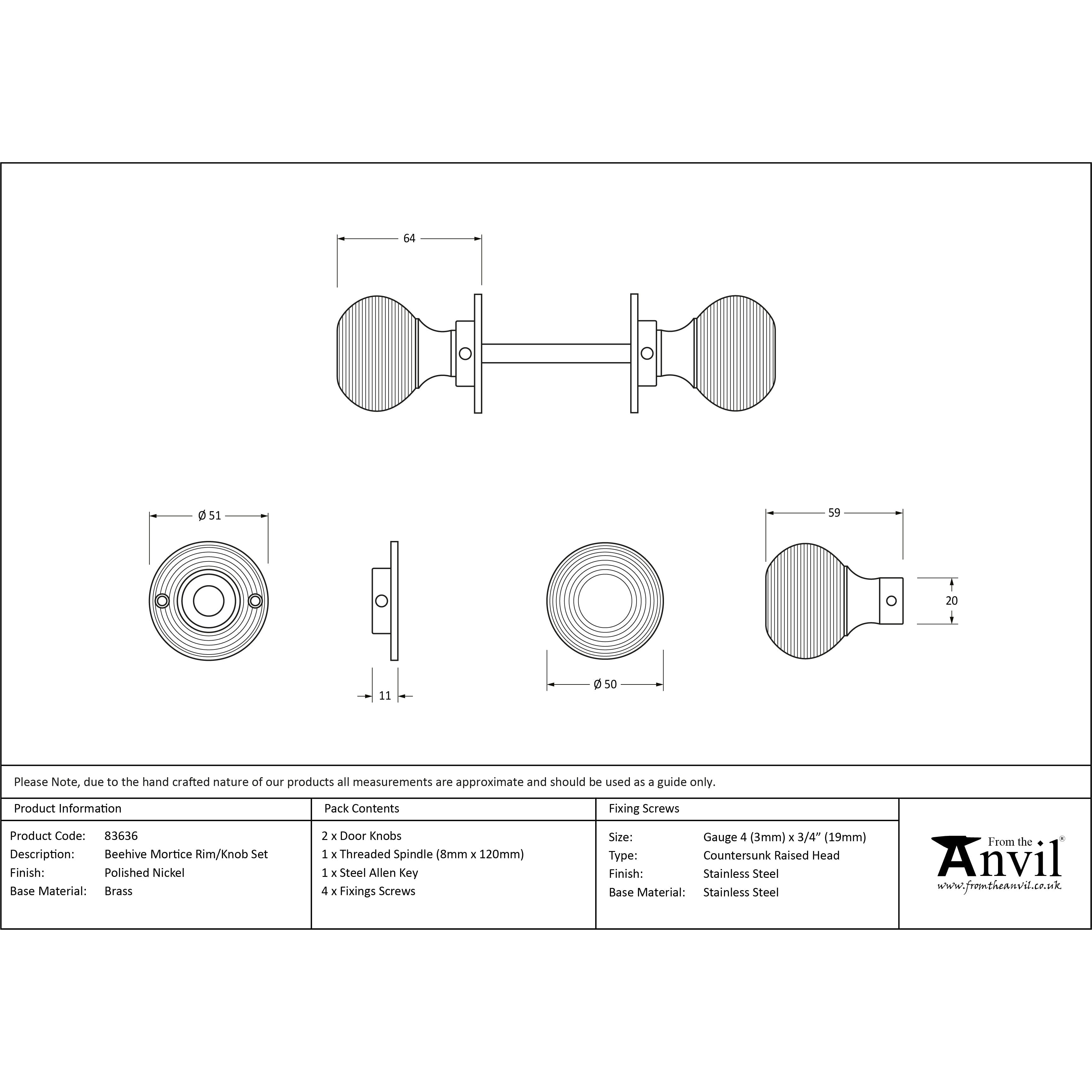 Polished Nickel Beehive Mortice/Rim Knob Set | From The Anvil-Mortice Knobs-Yester Home