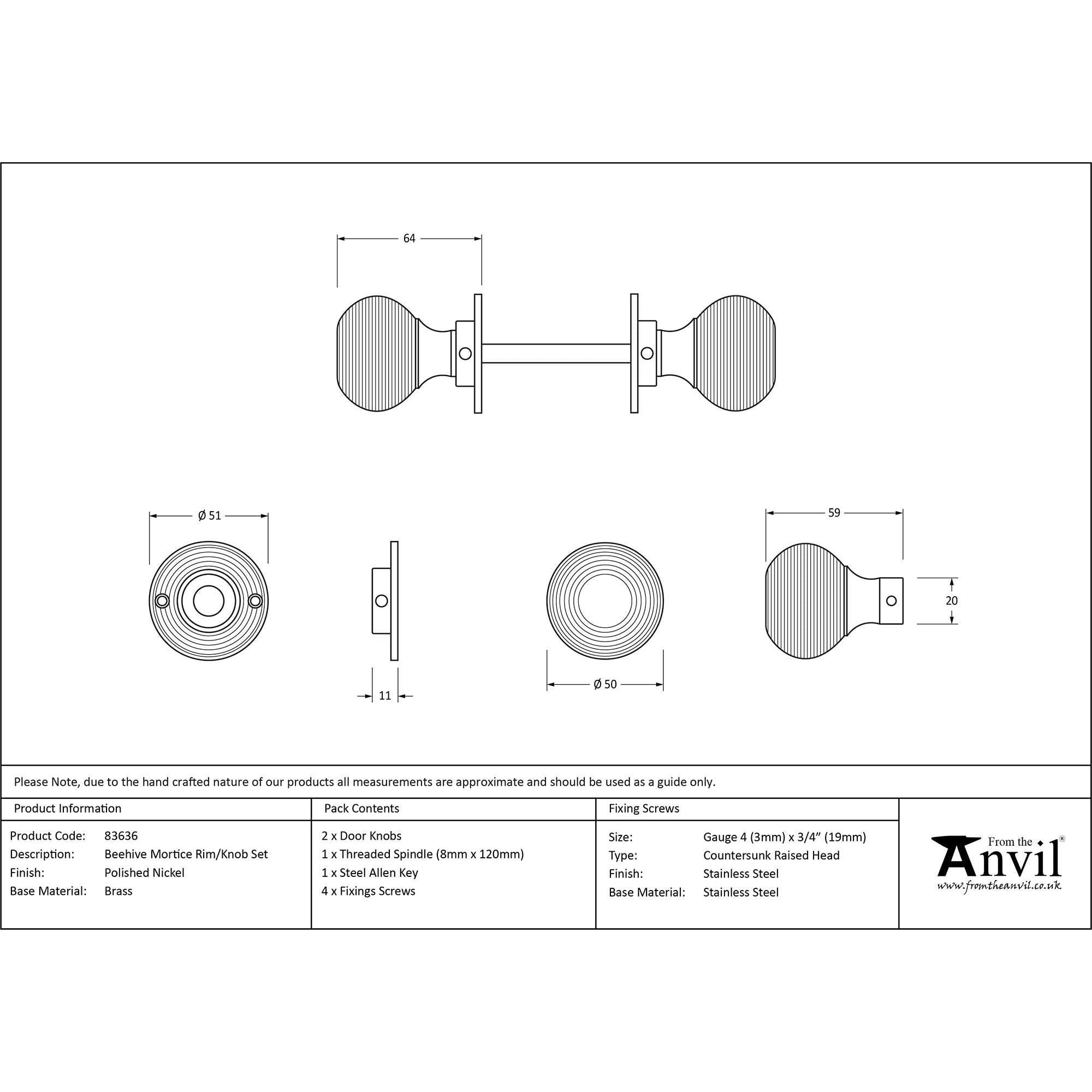 Polished Nickel Beehive Mortice/Rim Knob Set | From The Anvil - Mortice Knobs - From The Anvil - Yester Home