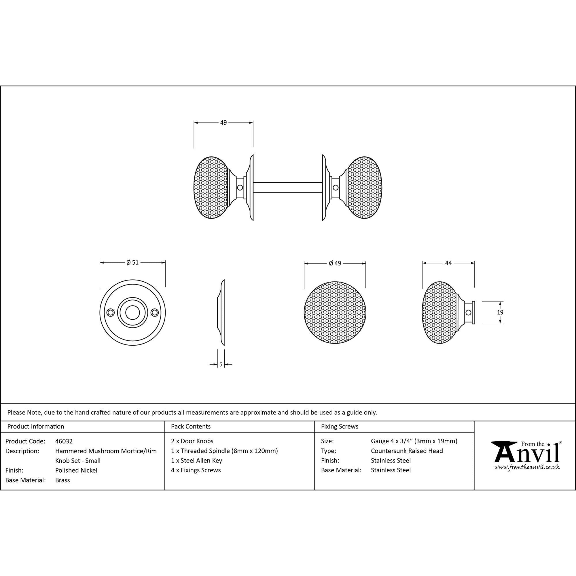 Polished Nickel Hammered Mushroom Mortice/Rim Knob Set | From The Anvil - Mortice Knobs - From The Anvil - Yester Home
