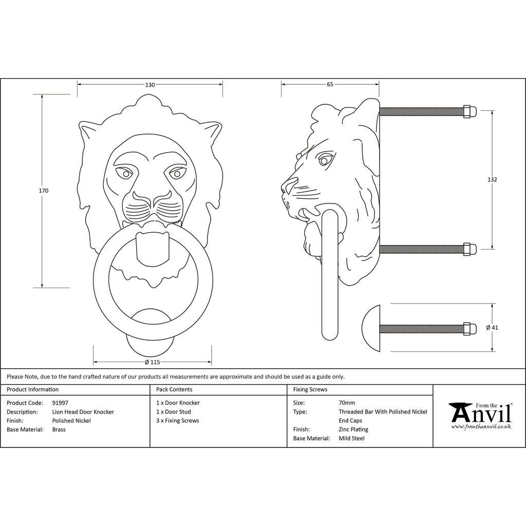 Polished Nickel Lion Head Door Knocker | From The Anvil-Bolt-Through Door Knockers-Yester Home