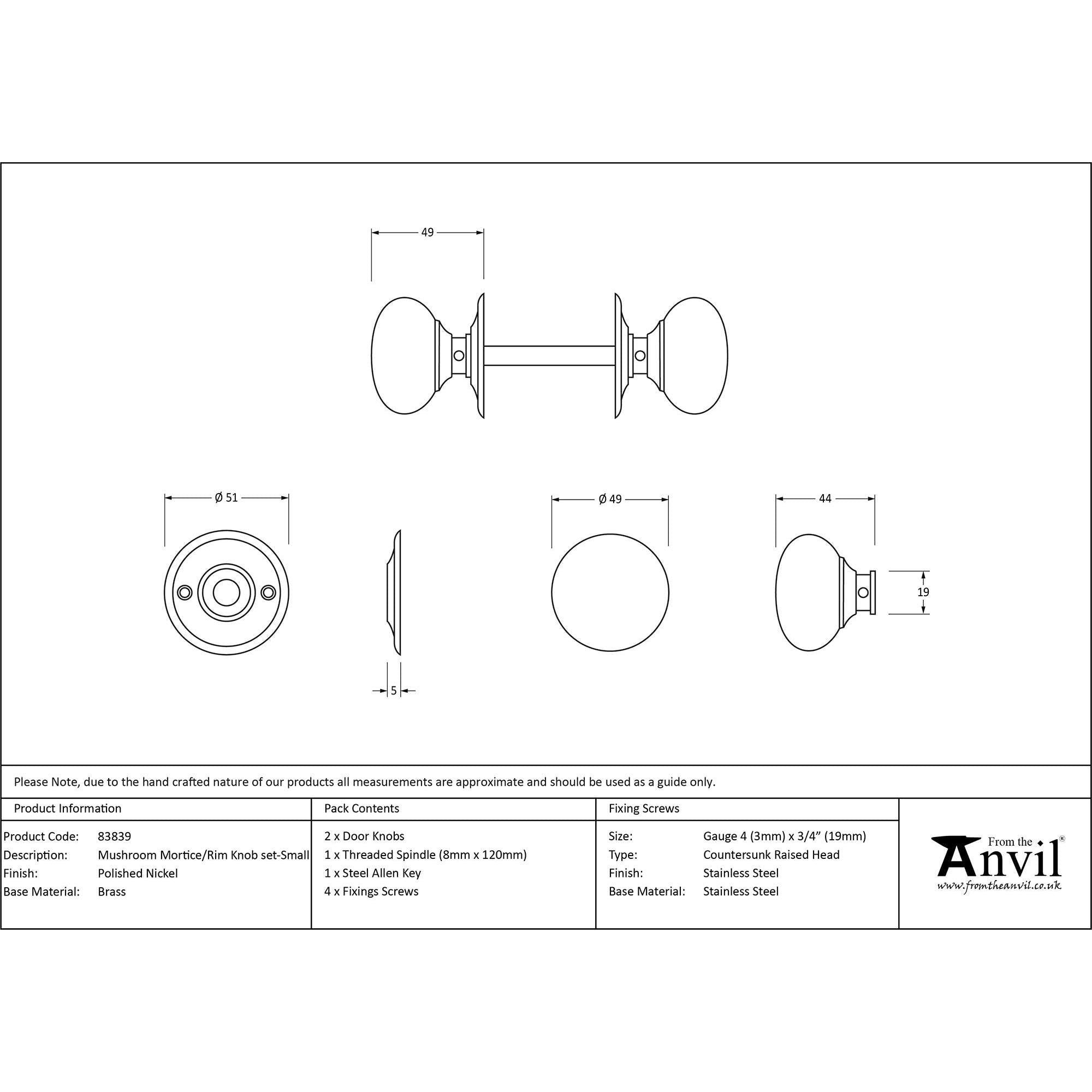 Polished Nickel Mushroom Mortice/Rim Knob Set | From The Anvil - Mortice Knobs - From The Anvil - Yester Home