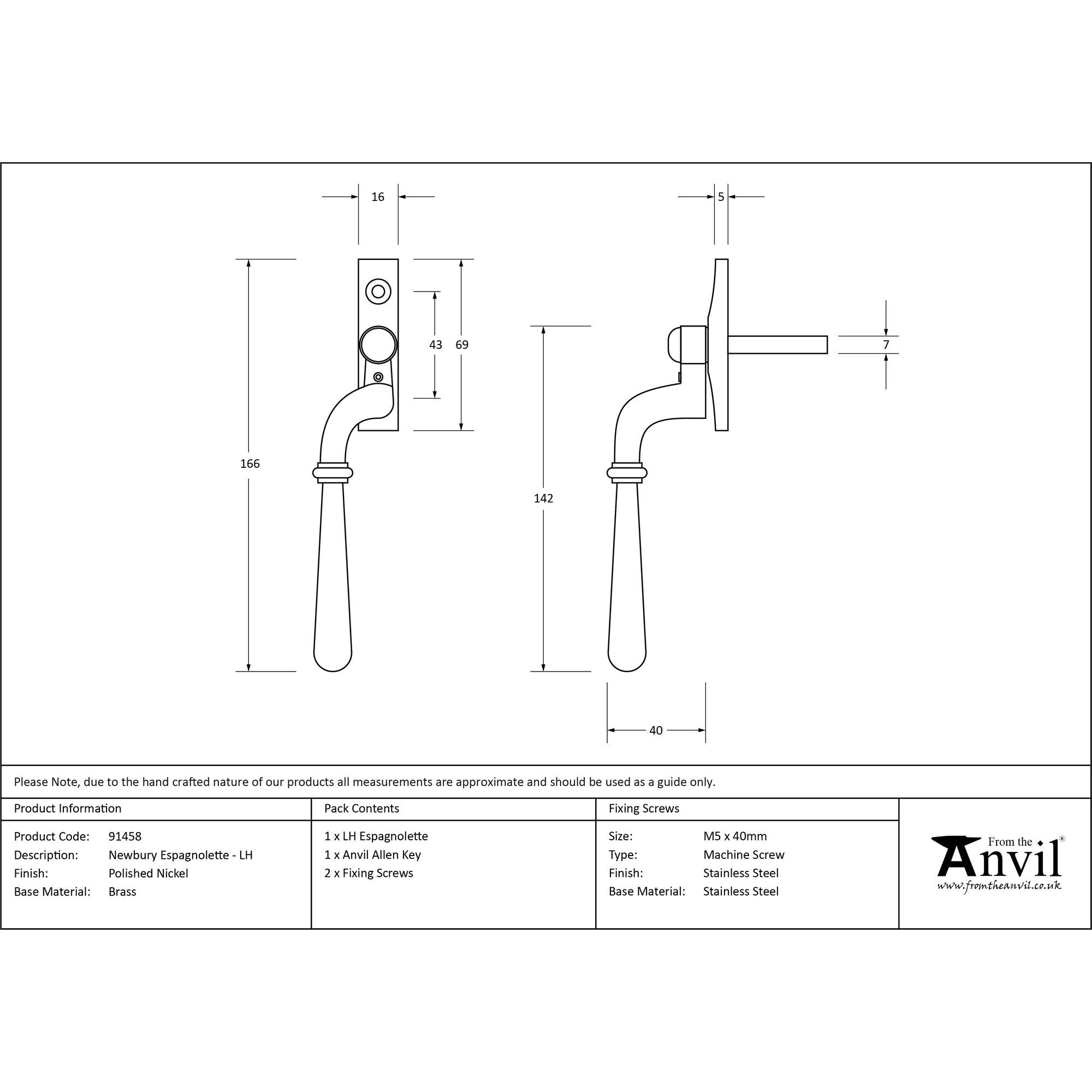 Polished Nickel Newbury Espag - LH | From The Anvil - Espag. Fasteners - From The Anvil - Yester Home