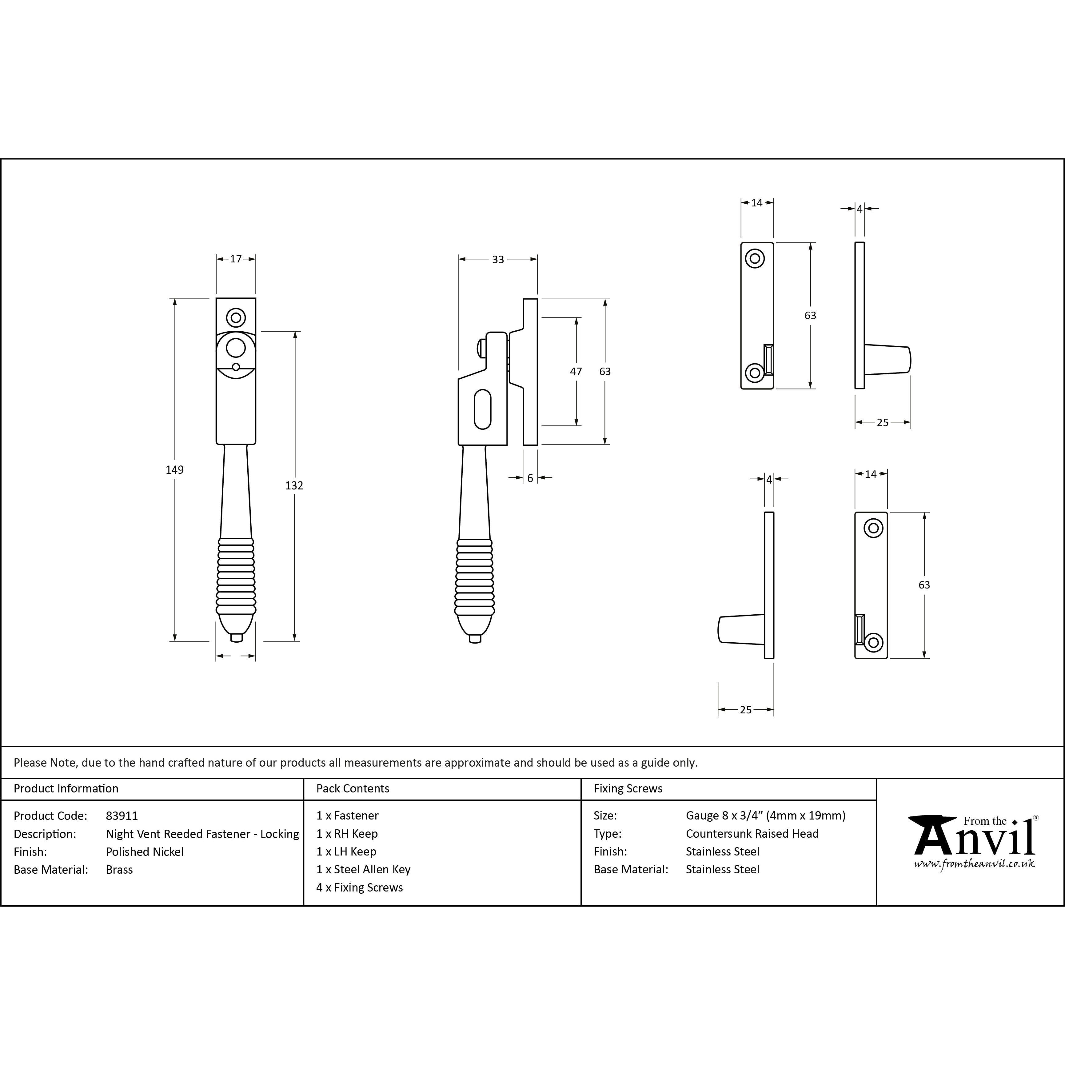 Polished Nickel Night-Vent Locking Reeded Fastener | From The Anvil-Night-Vent Fasteners-Yester Home