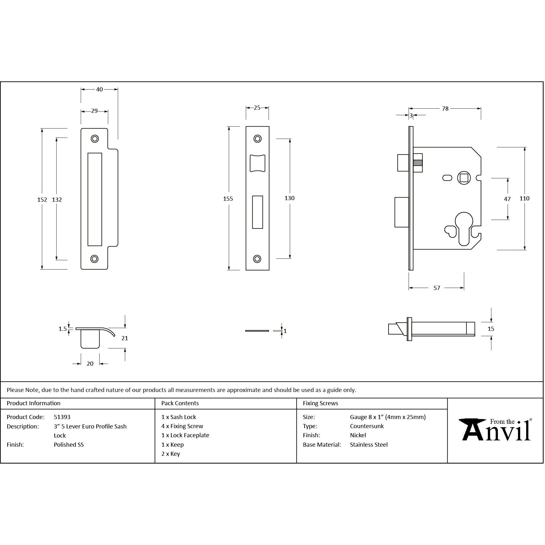 Polished SS 3" Euro Profile Sash Lock - Euro Locks - From The Anvil - Yester Home