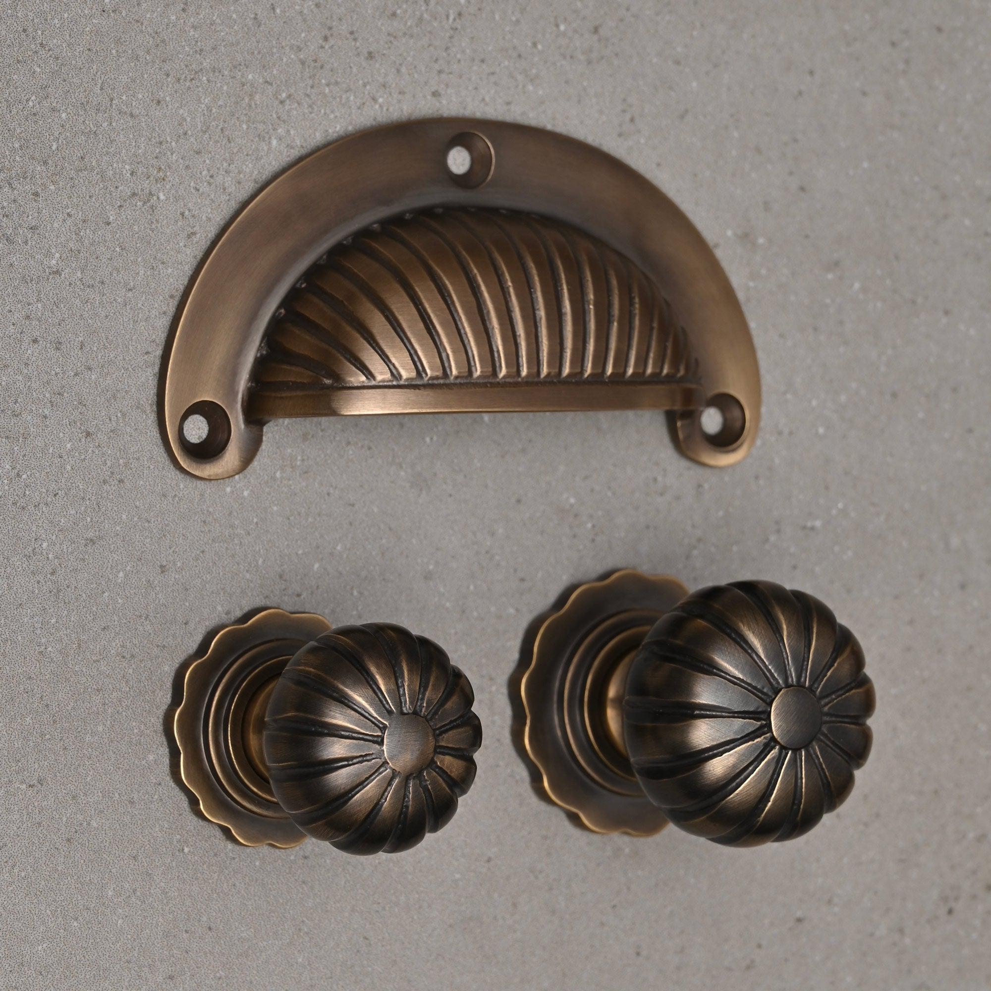 Reeded Cup Pull & Cabinet Knobs | Aged Brass-Cabinet Knobs-Yester Home
