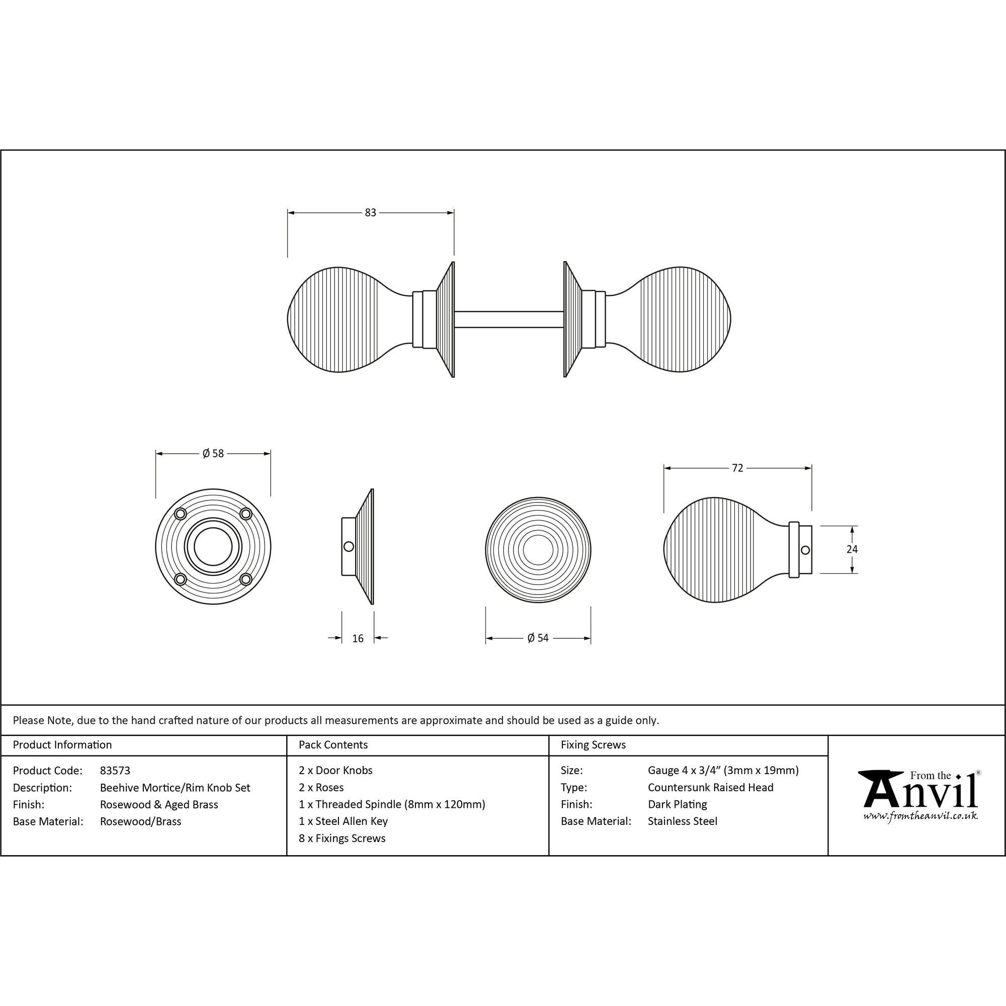 Rosewood & Aged Brass Beehive Mortice/Rim Knob Set | From The Anvil - Mortice Knobs - From The Anvil - Yester Home
