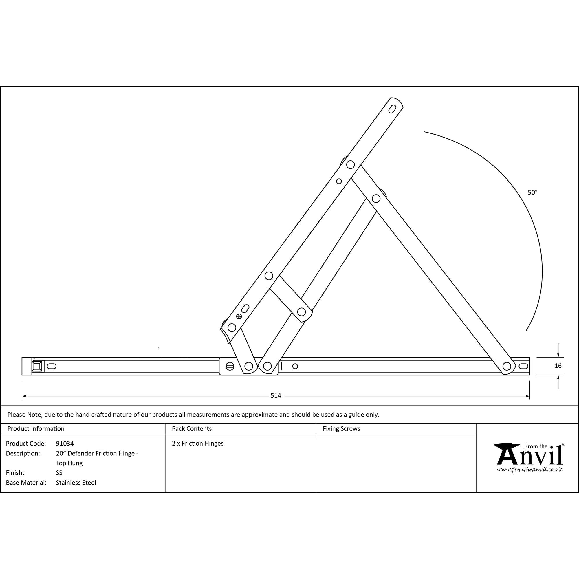 SS 20" Defender Friction Hinge - Top Hung | From The Anvil - Friction Hinges - From The Anvil - Yester Home