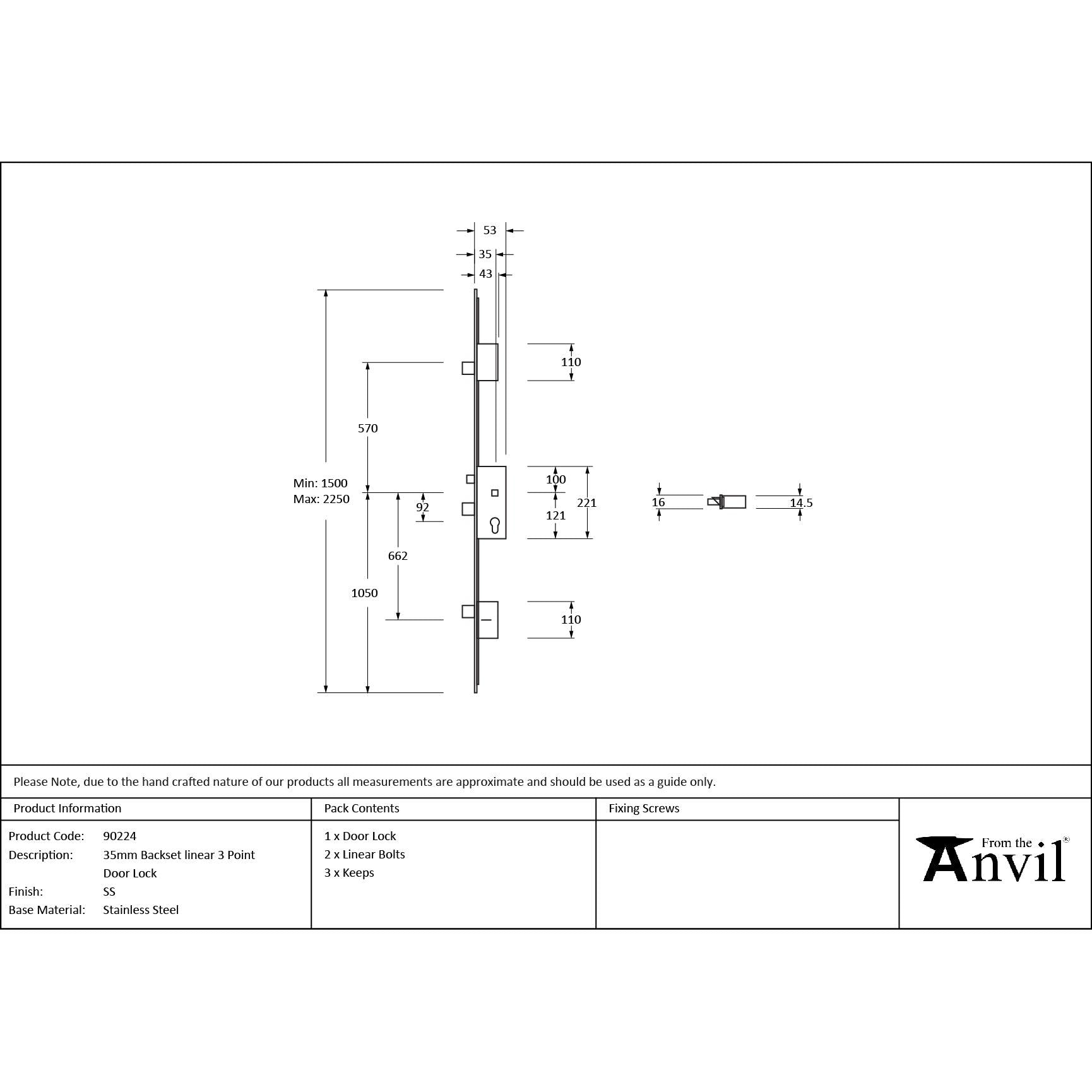 SS 35mm Backset linear 3 Point Door Lock | From The Anvil - Multi-Point Locks - From The Anvil - Yester Home