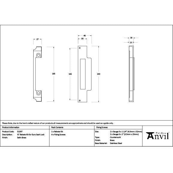 Satin Brass ½" Rebate Kit for Euro Sash Lock - Euro Locks - From The Anvil - Yester Home
