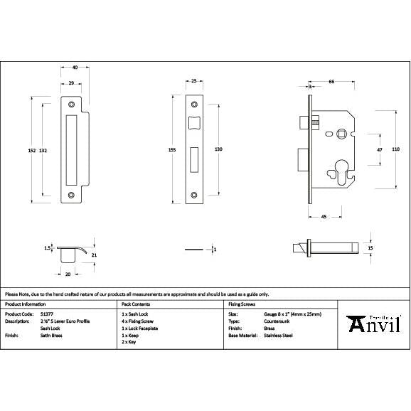 Satin Brass 2½" Euro Profile Sash Lock - Euro Locks - From The Anvil - Yester Home