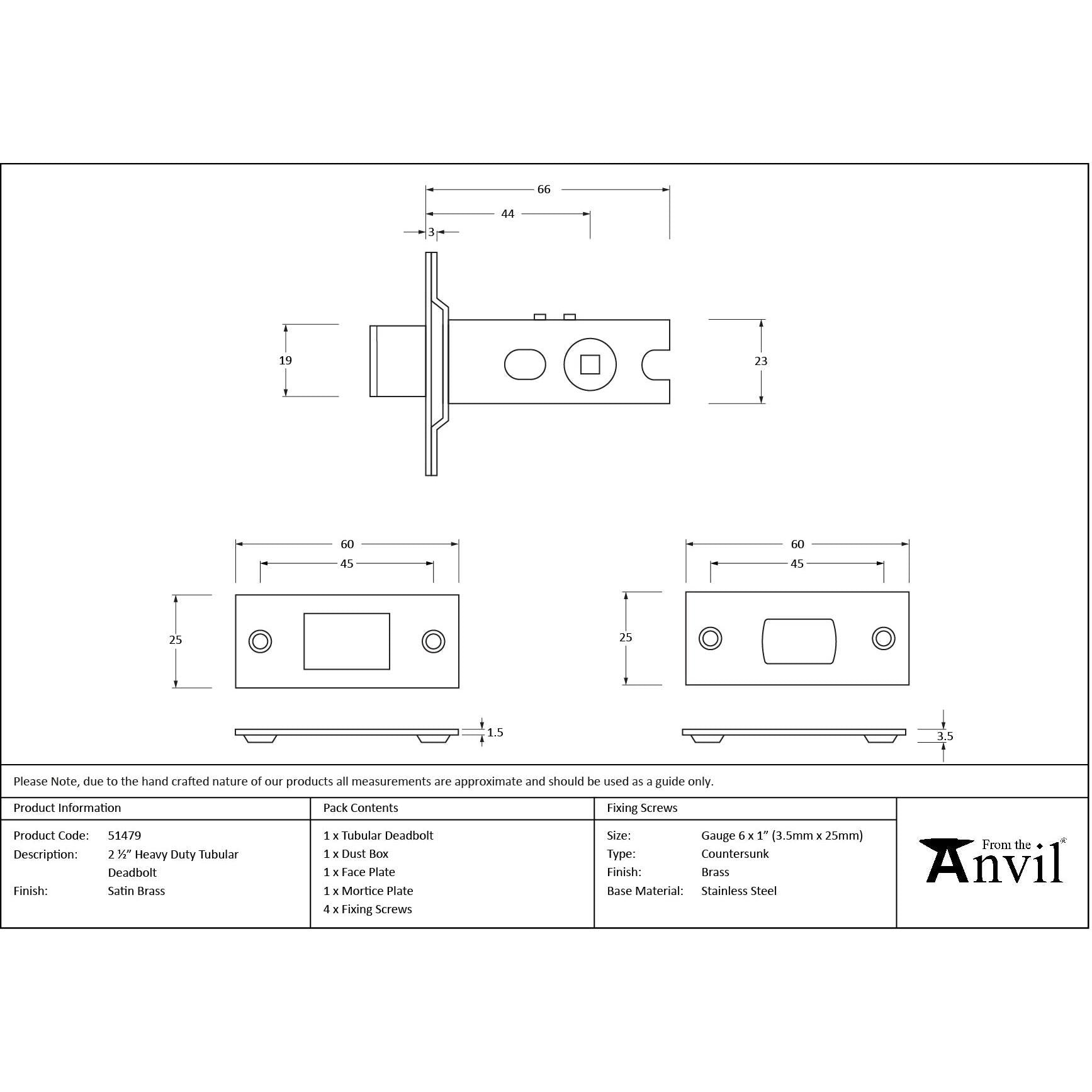 Satin Brass 2½" Heavy Duty Tubular Deadbolt - Deadlocks & Deadbolts - From The Anvil - Yester Home