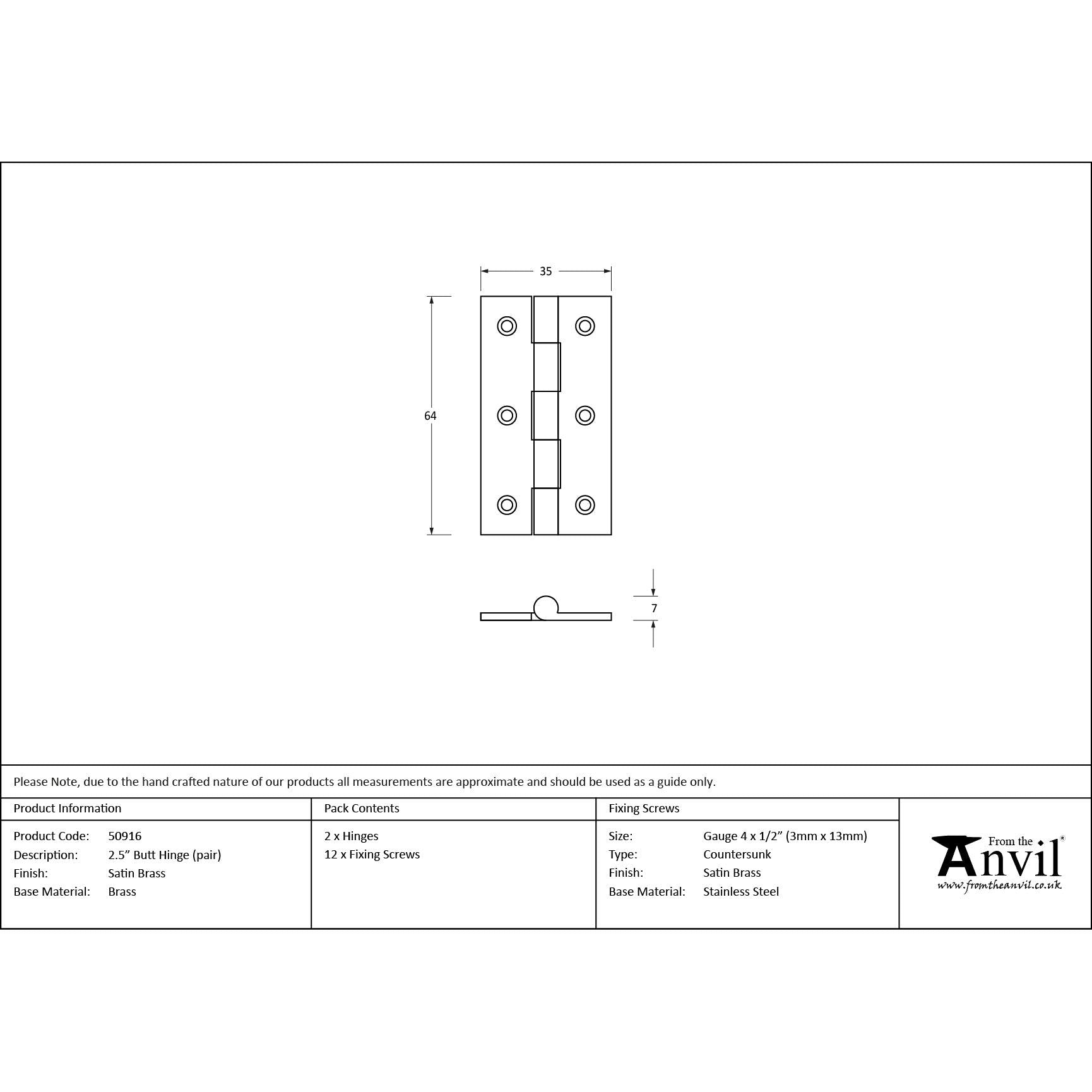 Satin Brass 2.5" Butt Hinge (pair) | From The Anvil - Butt Hinges - From The Anvil - Yester Home